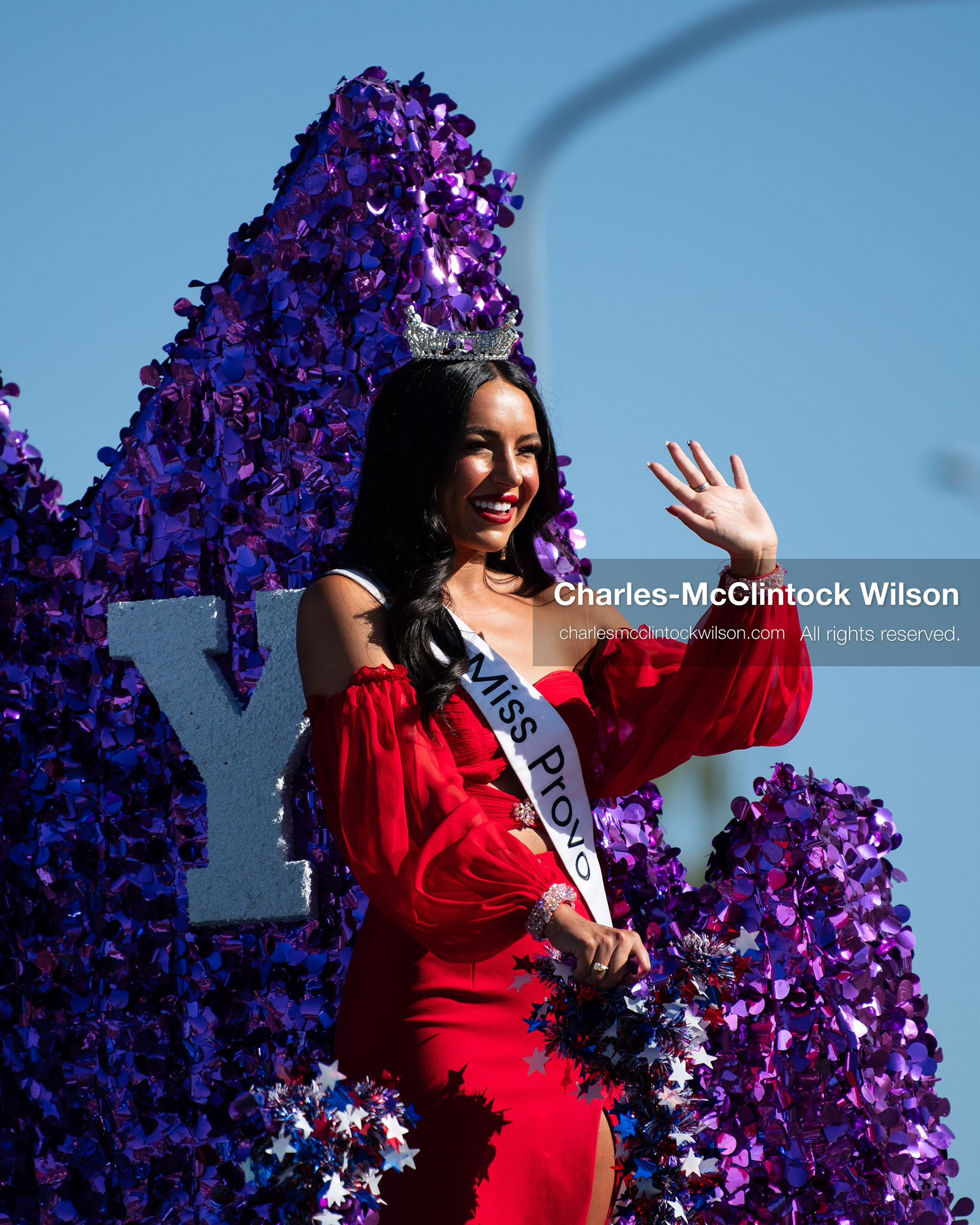 July 4, 2026, Provo, Utah, USA: Miss Provo waves to spectators from a purple tinsel-decorated parade float during America's Freedom Festival Grand Parade in Provo, Utah, Saturday, July 4, 2026. The annual Independence Day event features expanded programming to honor the 250th anniversary of United States independence. (Credit Image: © Charles-McClintock Wilson/ZUMA Press Wire)