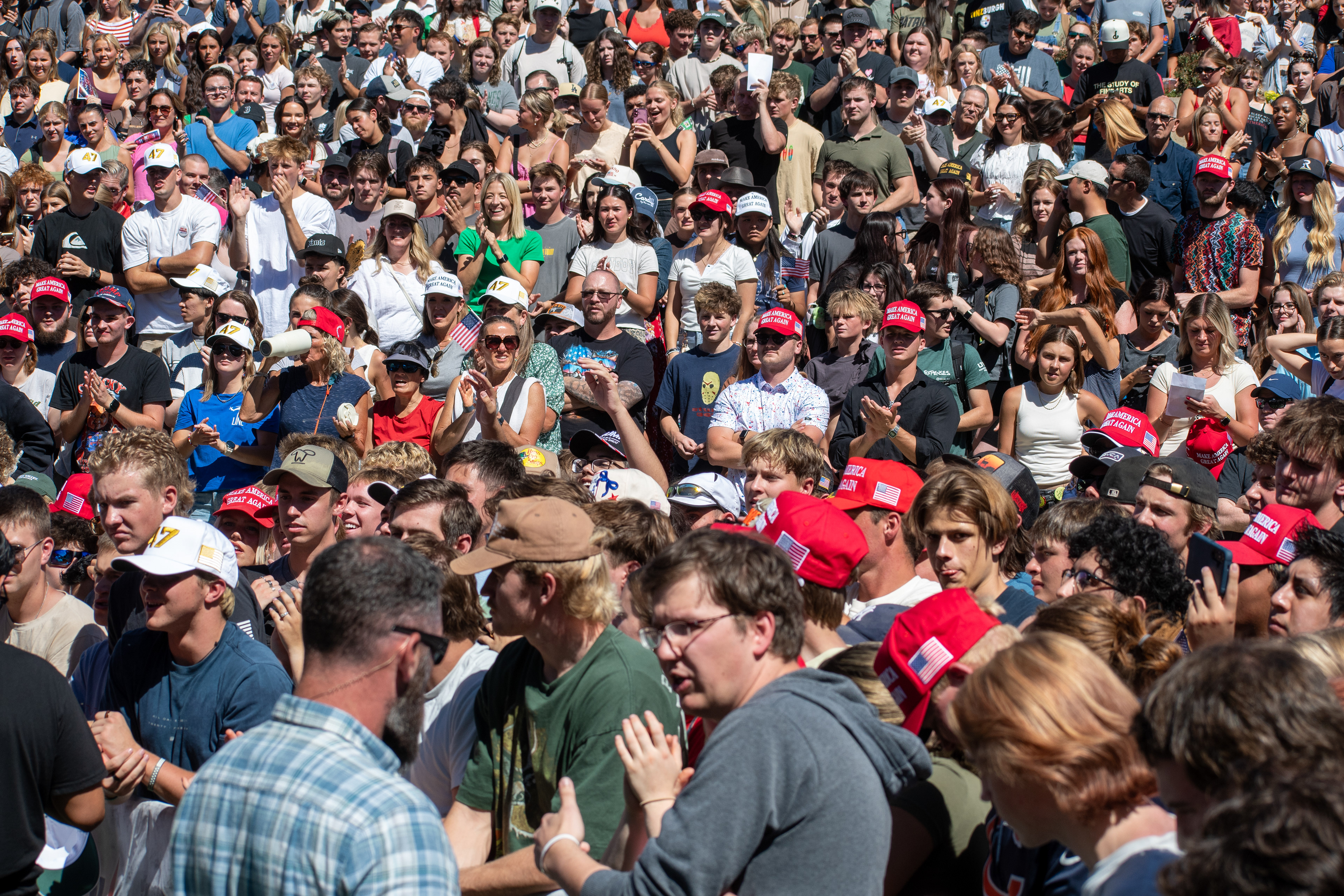 OREM, UTAH – SEPTEMBER 10, 2025: Attendees gather in close formation at Utah Valley University for the opening stop of the American Comeback Tour. The image captures a moment of shared anticipation and civic presence, reflecting the energy, emotion, and communal engagement that defined the event’s intended spirit. © Charles-McClintock Wilson / ZUMA Press 