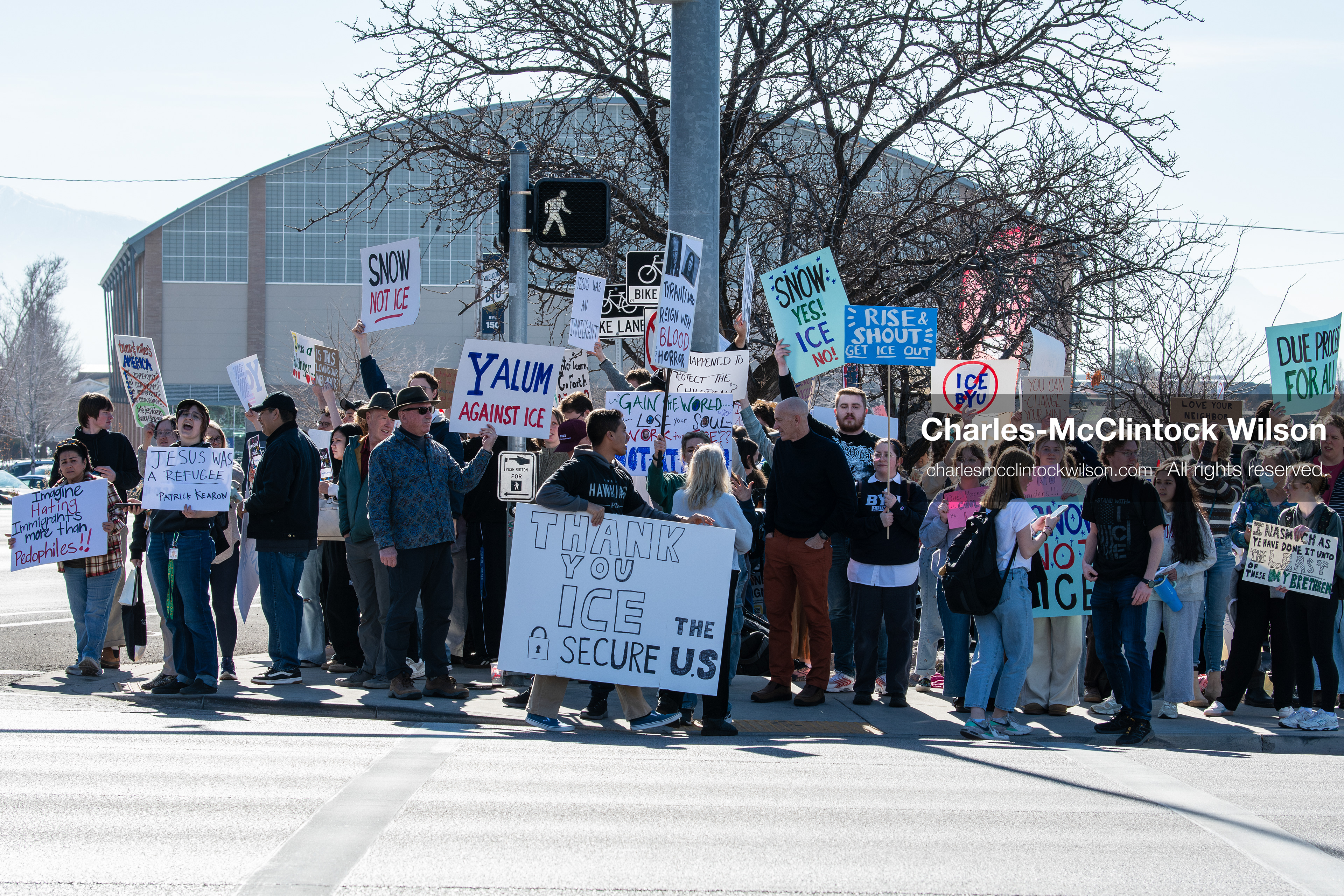 February 5, 2026, Provo, Utah, USA: Students and community members gather near Brigham Young University in Provo to demonstrate against the presence of US Customs and Border Protection recruiters at a career fair held on the BYU campus. (Credit Image: © Charles McClintock Wilson/ZUMA Press Wire)
