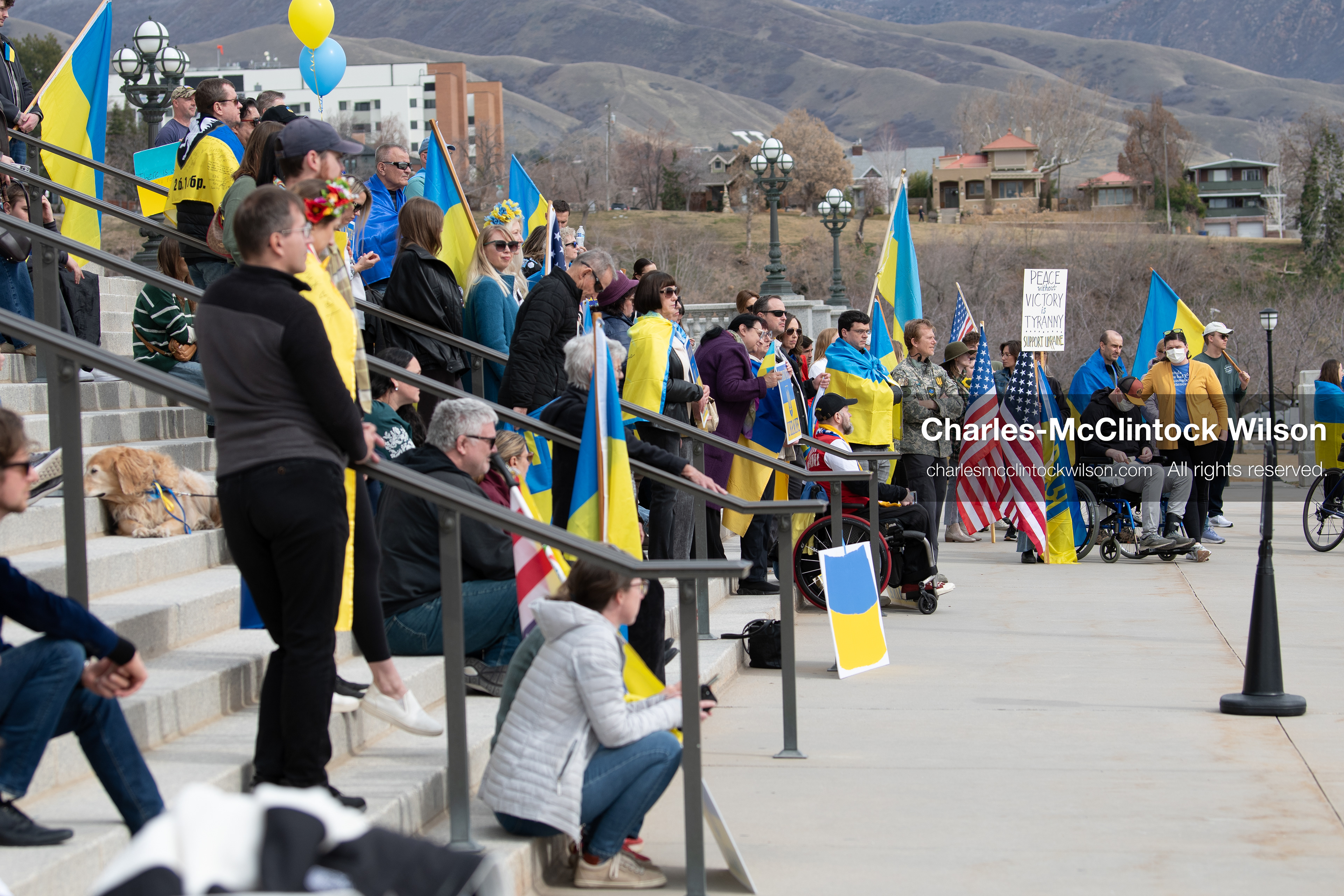 February 28, 2026, Salt Lake City, Utah, USA: Supporters gather on the steps of the Utah State Capitol during the Stand With Ukraine rally marking the four year anniversary of the full scale Russian invasion of Ukraine. Participants hold signs and Ukrainian flags as community members call for continued support for Ukraine and an end to the war. (Credit Image: © Charles McClintock Wilson/ZUMA Press Wire)