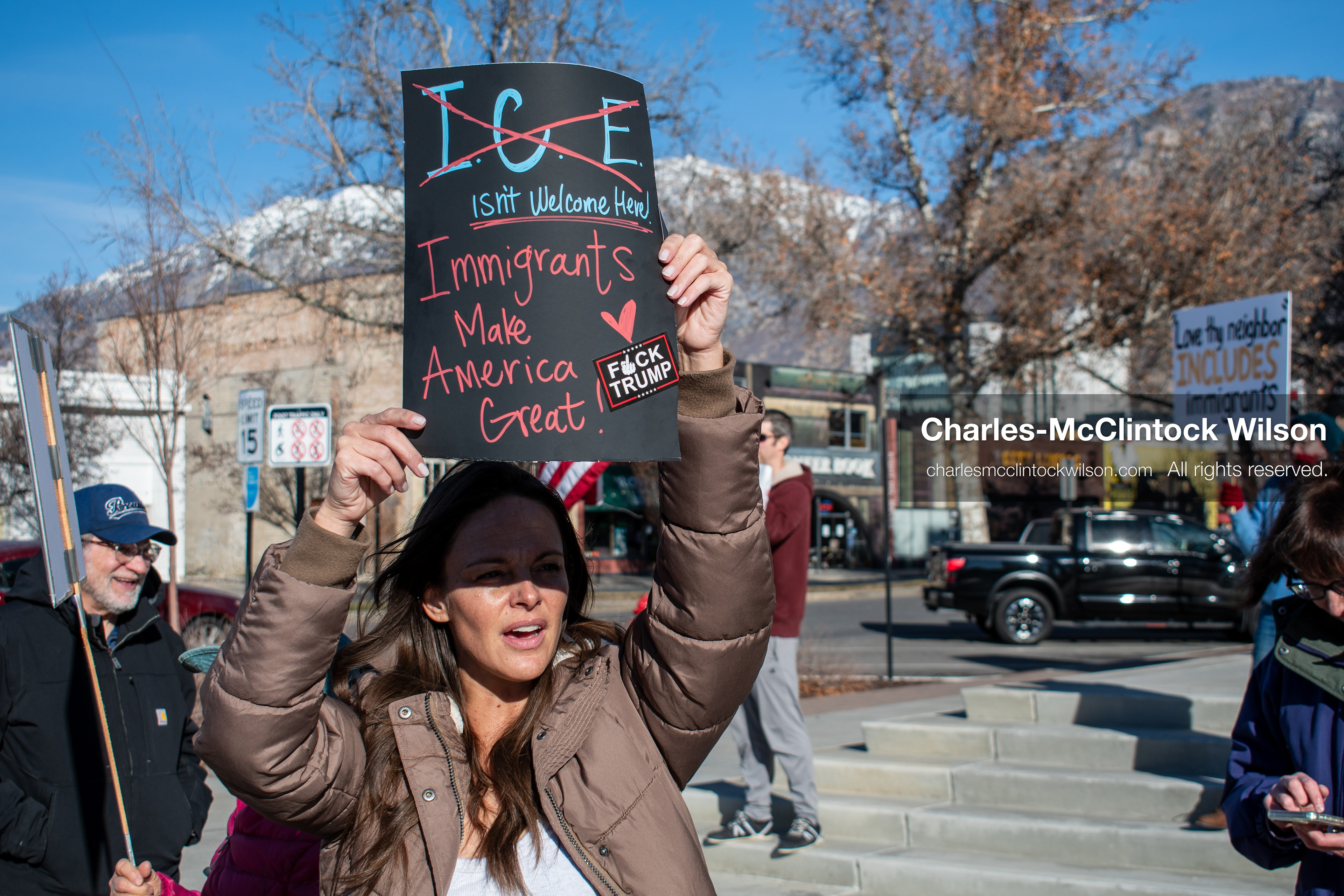 January 20, 2026, Provo, Utah, USA: Protesters gather outside Provo City Hall during the Free America Walkout protest in Provo, Utah, on January 20, 2026. Demonstrators held signs calling for justice, immigration reform, and an end to detention practices. (Credit Image: © Charles-McClintock Wilson/ZUMA Press Wire)
