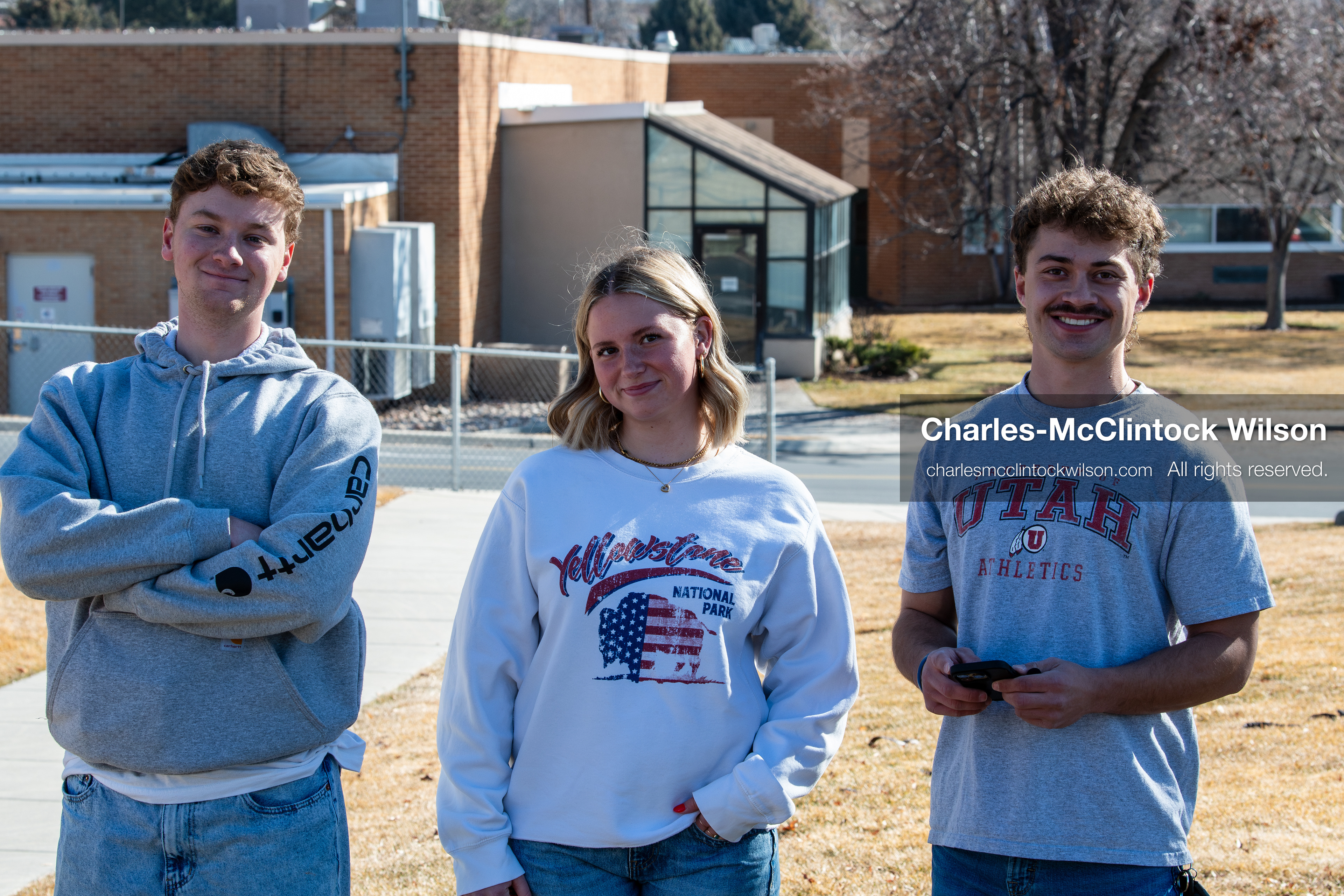 February 5, 2026, Provo, Utah, USA: Members of the Turning Point USA chapter at Brigham Young University pose for a photo in Provo as a protest takes place nearby opposing the presence of US Customs and Border Protection recruiters at a career fair held at the university. (Credit Image: © Charles McClintock Wilson/ZUMA Press Wire)