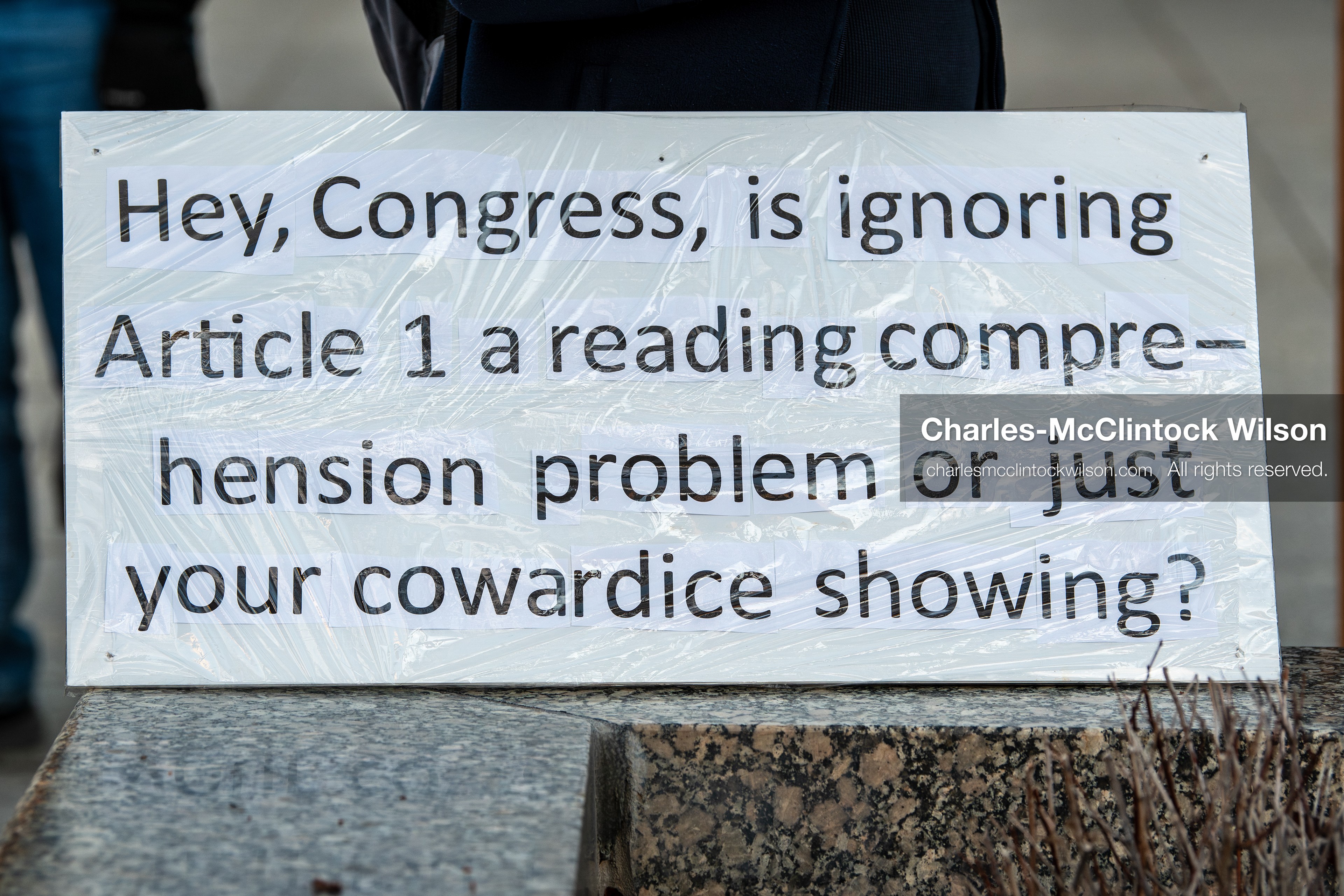 January 5, 2026, Salt Lake City, Utah, USA: A protest sign referencing Article 1 of the US Constitution is displayed outside the Wallace Federal Building during a rally in Salt Lake City, Utah. The event, organized by Salt Lake Indivisible, called for congressional limits on presidential war powers following recent US military actions in Venezuela involving the government of Nicolas Maduro. Attendees signed petitions addressed to Utah US senators Mike Lee and John Curtis. (Credit Image: (c) Charles‑McClintock Wilson/ZUMA Press Wire)