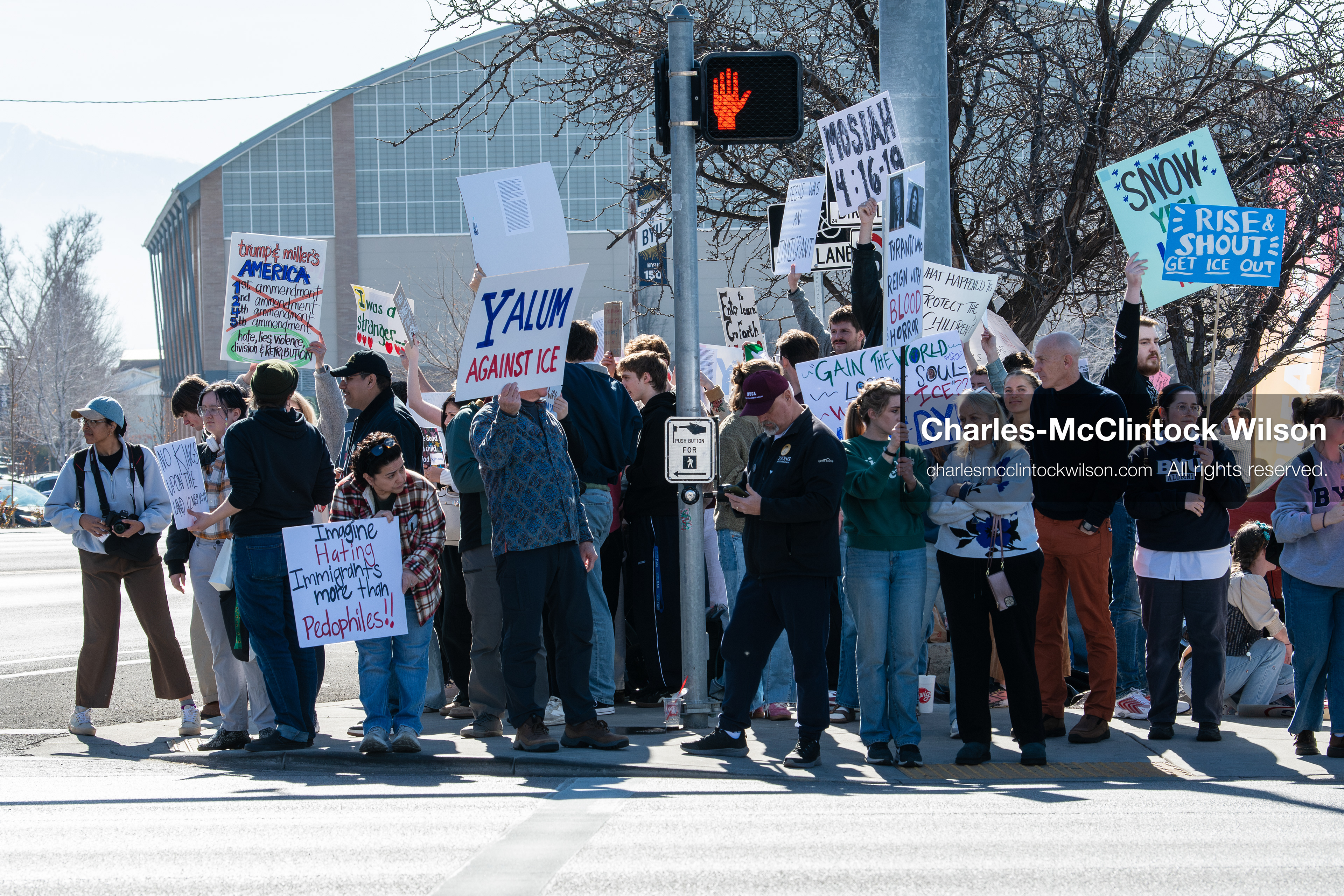February 5, 2026, Provo, Utah, USA: Students and community members gather near Brigham Young University in Provo to demonstrate against the presence of US Customs and Border Protection recruiters at a career fair held on the BYU campus. (Credit Image: © Charles McClintock Wilson/ZUMA Press Wire)