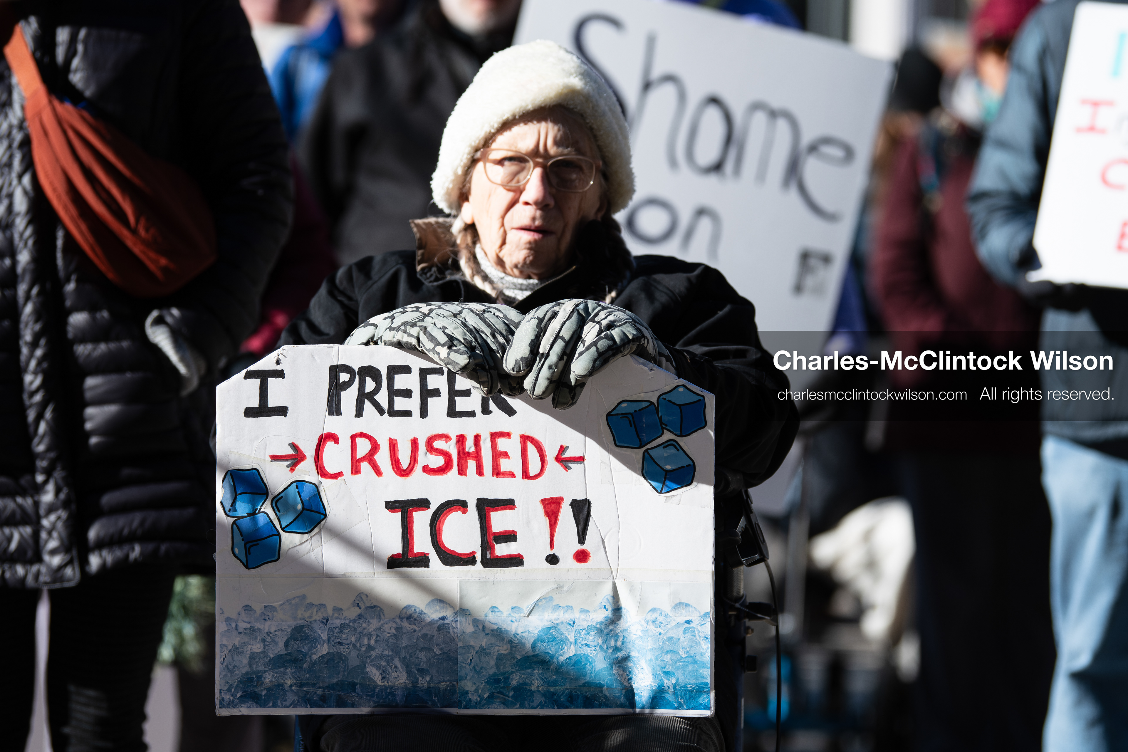 Salt Lake City, Utah, January 10, 2026: An elderly protester sits in a wheelchair holding a sign during the ICE Out for Good protest at Washington Square Park, a demonstration against ICE and calling for justice for Renee Nicole Good. (Credit Image: © Charles‑McClintock Wilson/ZUMA Press Wire)