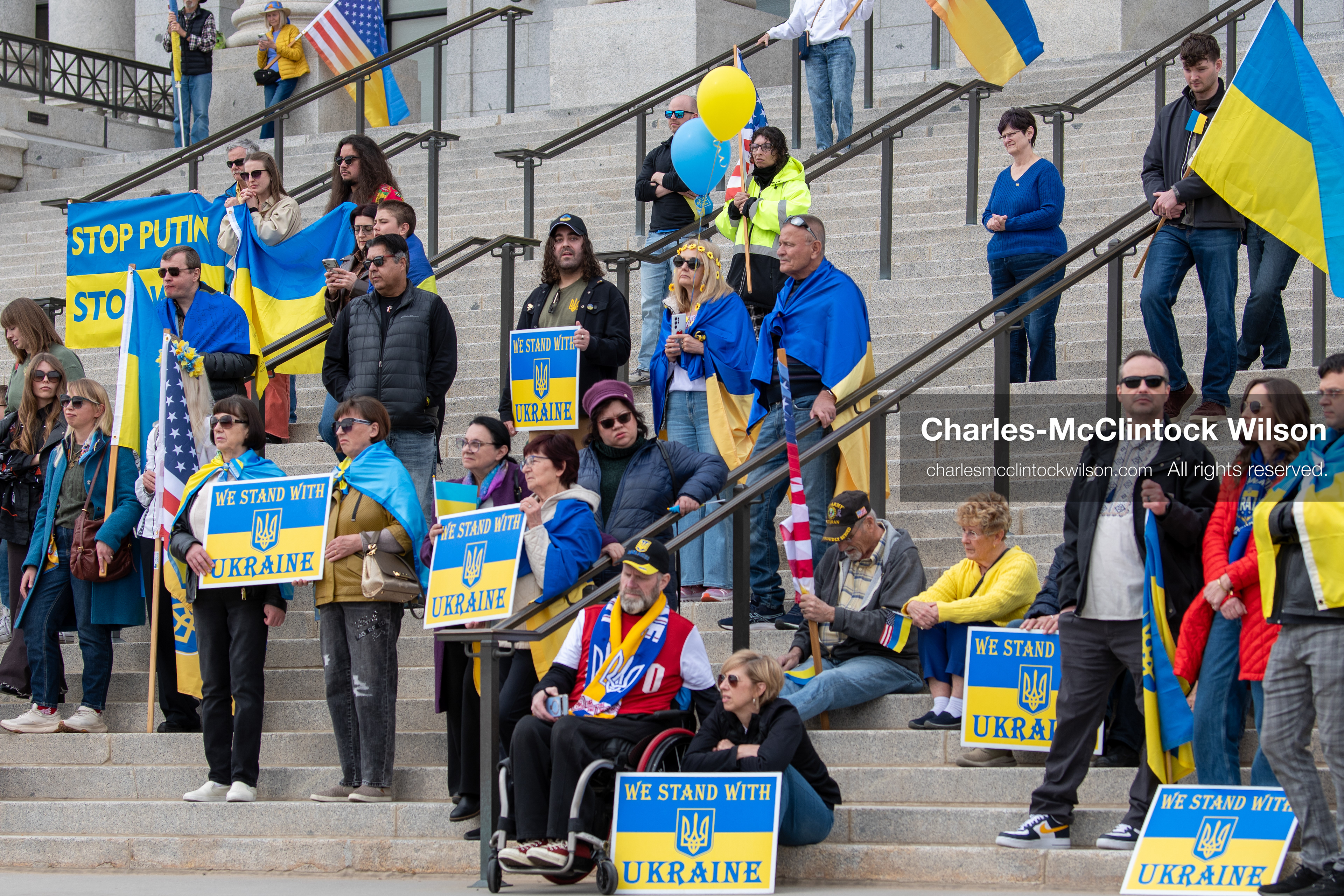 February 28, 2026, Salt Lake City, Utah, USA: Supporters gather on the steps of the Utah State Capitol during the Stand With Ukraine rally marking the four year anniversary of the full scale Russian invasion of Ukraine. Participants hold signs and Ukrainian flags as community members call for continued support for Ukraine and an end to the war. (Credit Image: © Charles McClintock Wilson/ZUMA Press Wire)