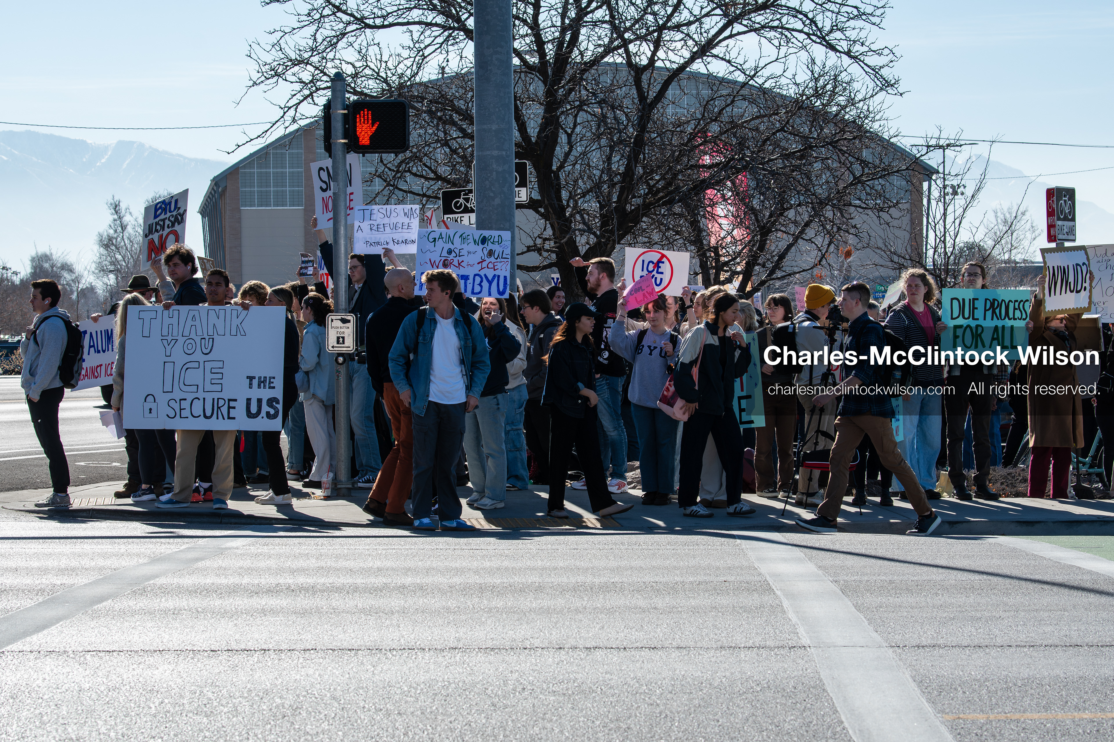 February 5, 2026, Provo, Utah, USA: Students and community members gather near Brigham Young University in Provo to demonstrate against the presence of US Customs and Border Protection recruiters at a career fair held on the BYU campus. (Credit Image: © Charles McClintock Wilson/ZUMA Press Wire)