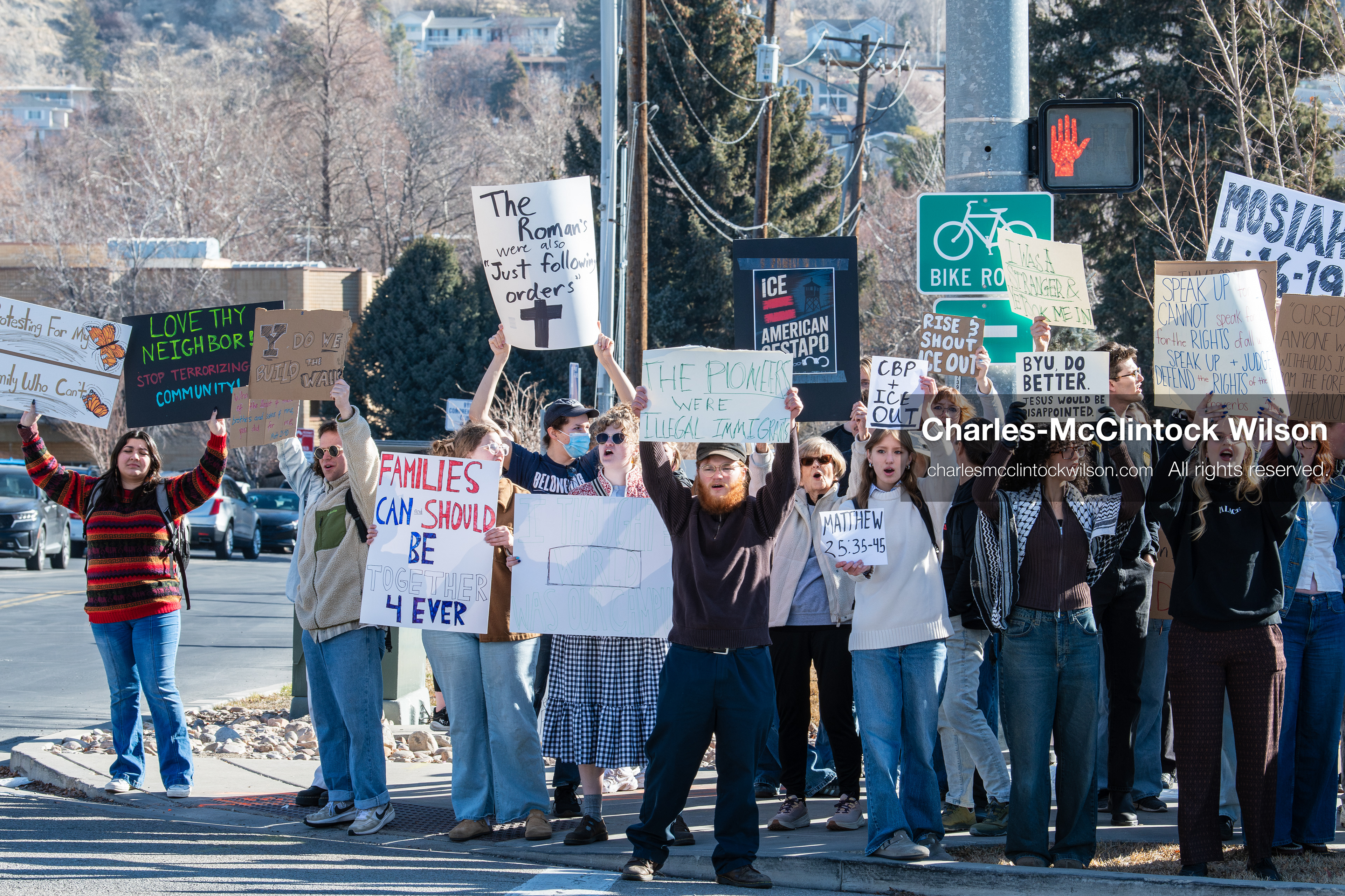 February 5, 2026, Provo, Utah, USA: Students and community members gather near Brigham Young University in Provo to demonstrate against the presence of US Customs and Border Protection recruiters at a career fair held on the BYU campus. (Credit Image: © Charles McClintock Wilson/ZUMA Press Wire)