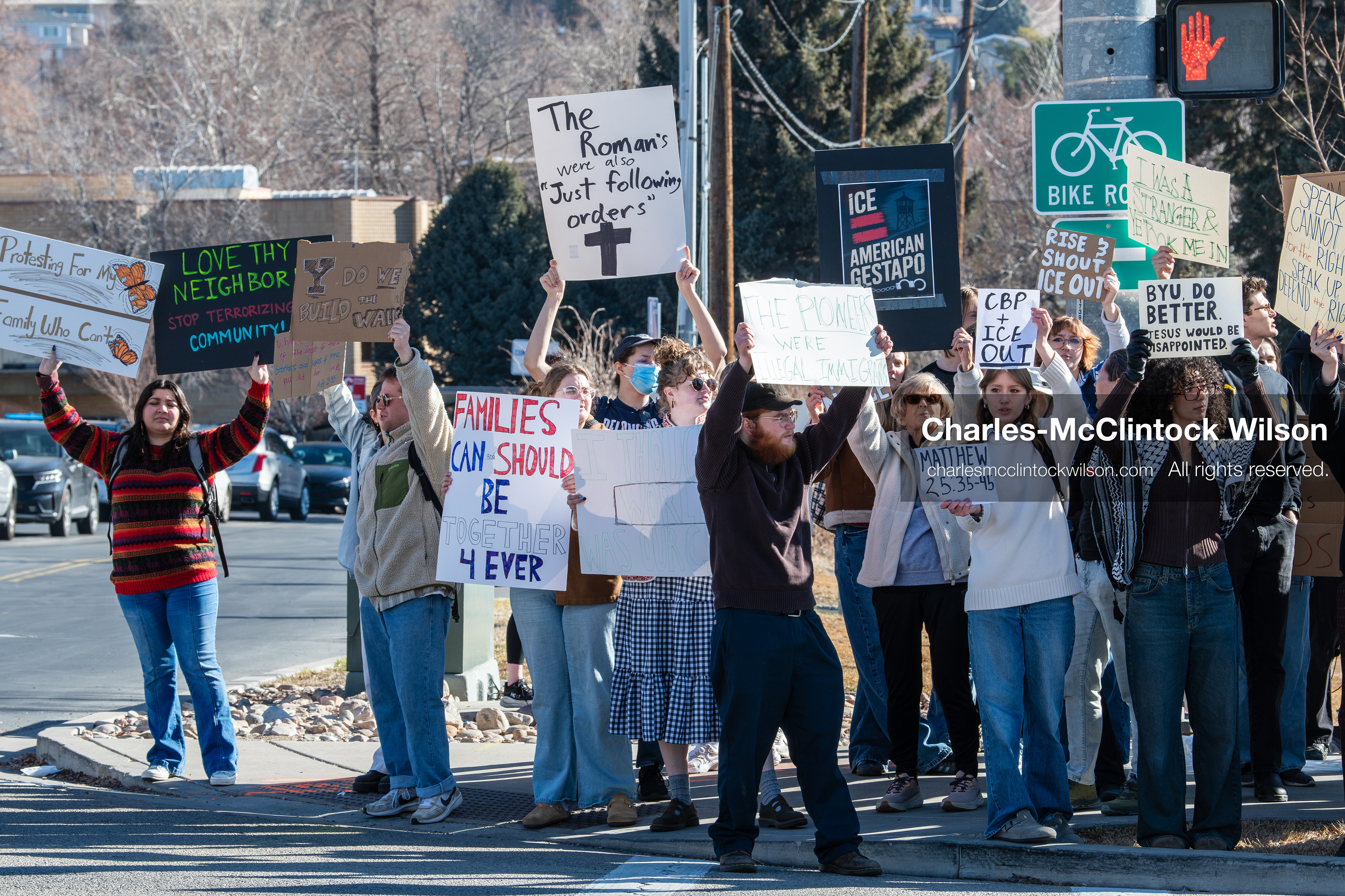 February 5, 2026, Provo, Utah, USA: Students and community members gather near Brigham Young University in Provo to demonstrate against the presence of US Customs and Border Protection recruiters at a career fair held on the BYU campus. (Credit Image: © Charles McClintock Wilson/ZUMA Press Wire)