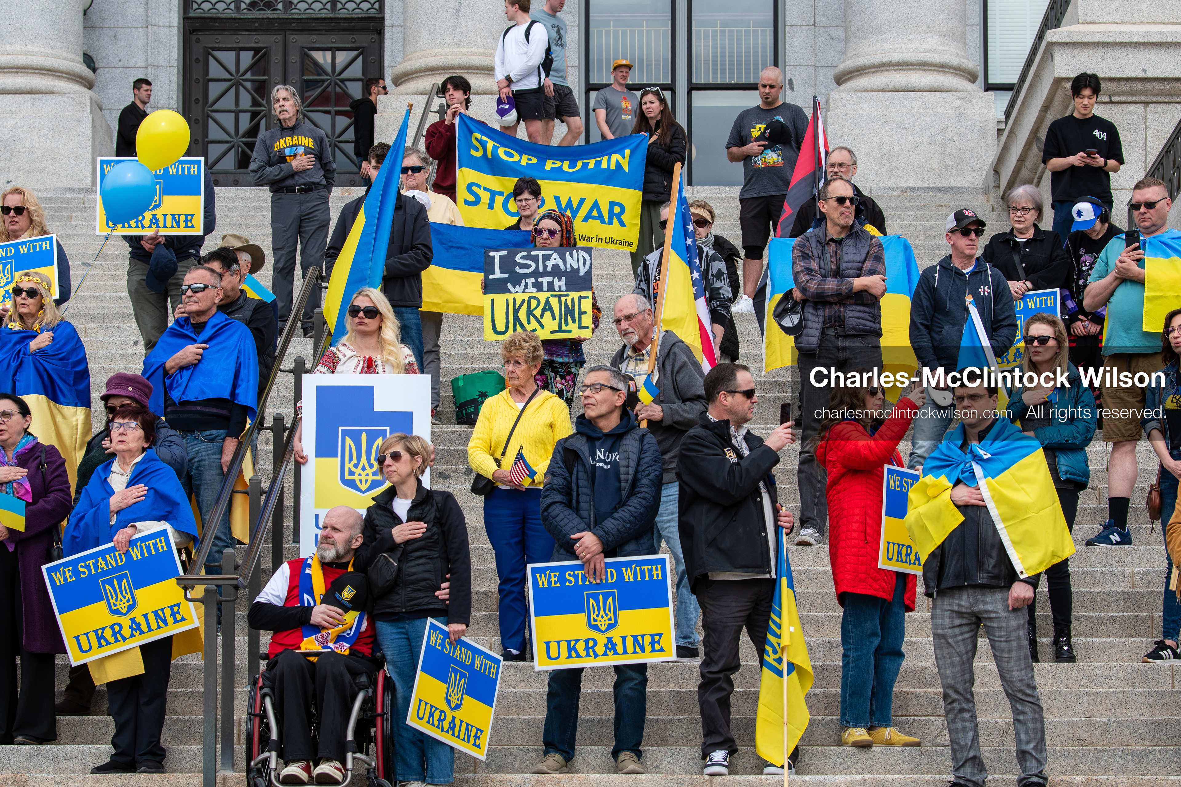 February 28, 2026, Salt Lake City, Utah, USA: Supporters gather on the steps of the Utah State Capitol during the Stand With Ukraine rally marking the four year anniversary of the full scale Russian invasion of Ukraine. Participants hold signs and Ukrainian flags as community members call for continued support for Ukraine and an end to the war. (Credit Image: © Charles McClintock Wilson/ZUMA Press Wire)