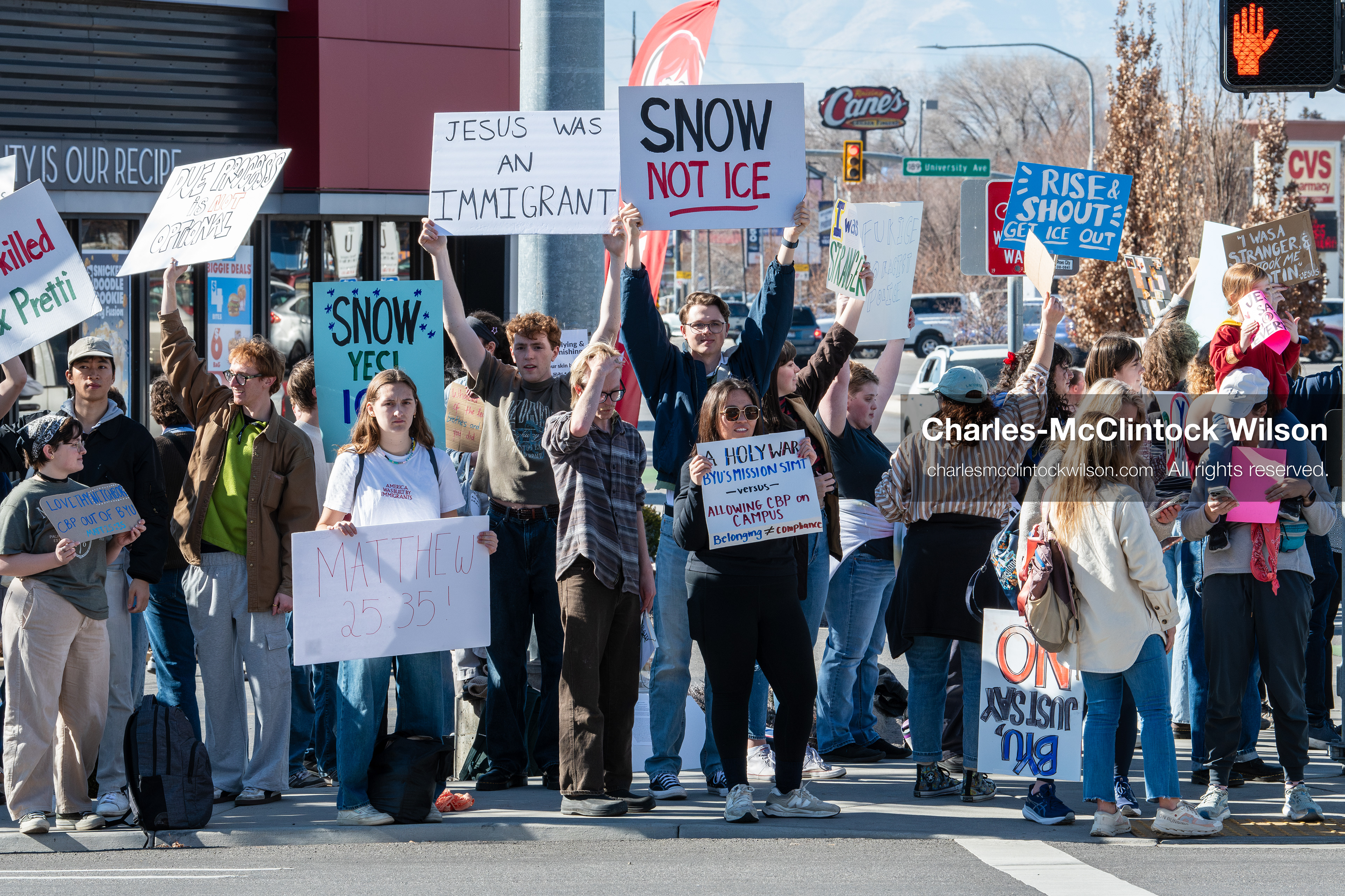 February 5, 2026, Provo, Utah, USA: Students and community members gather near Brigham Young University in Provo to demonstrate against the presence of US Customs and Border Protection recruiters at a career fair held on the BYU campus. (Credit Image: © Charles McClintock Wilson/ZUMA Press Wire)