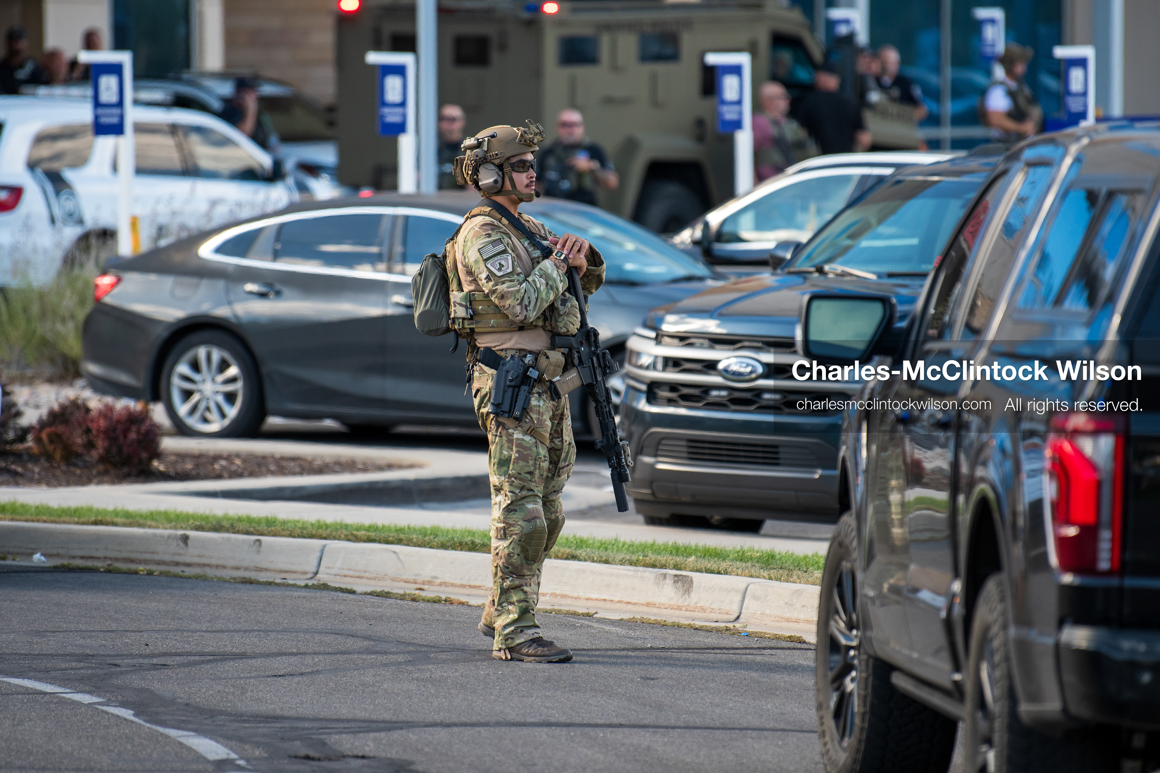 August 17, 2026, Murray, Utah, USA: A law enforcement officer stands guard outside Intermountain Medical Center in Murray, Utah, on Monday. Multiple police agencies secured the hospital perimeter as a safety precaution after shooting victims were brought in from a fatal shootout outside a funeral in nearby Kearns. (Credit Image: © Charles McClintock Wilson/ZUMA Press Wire)