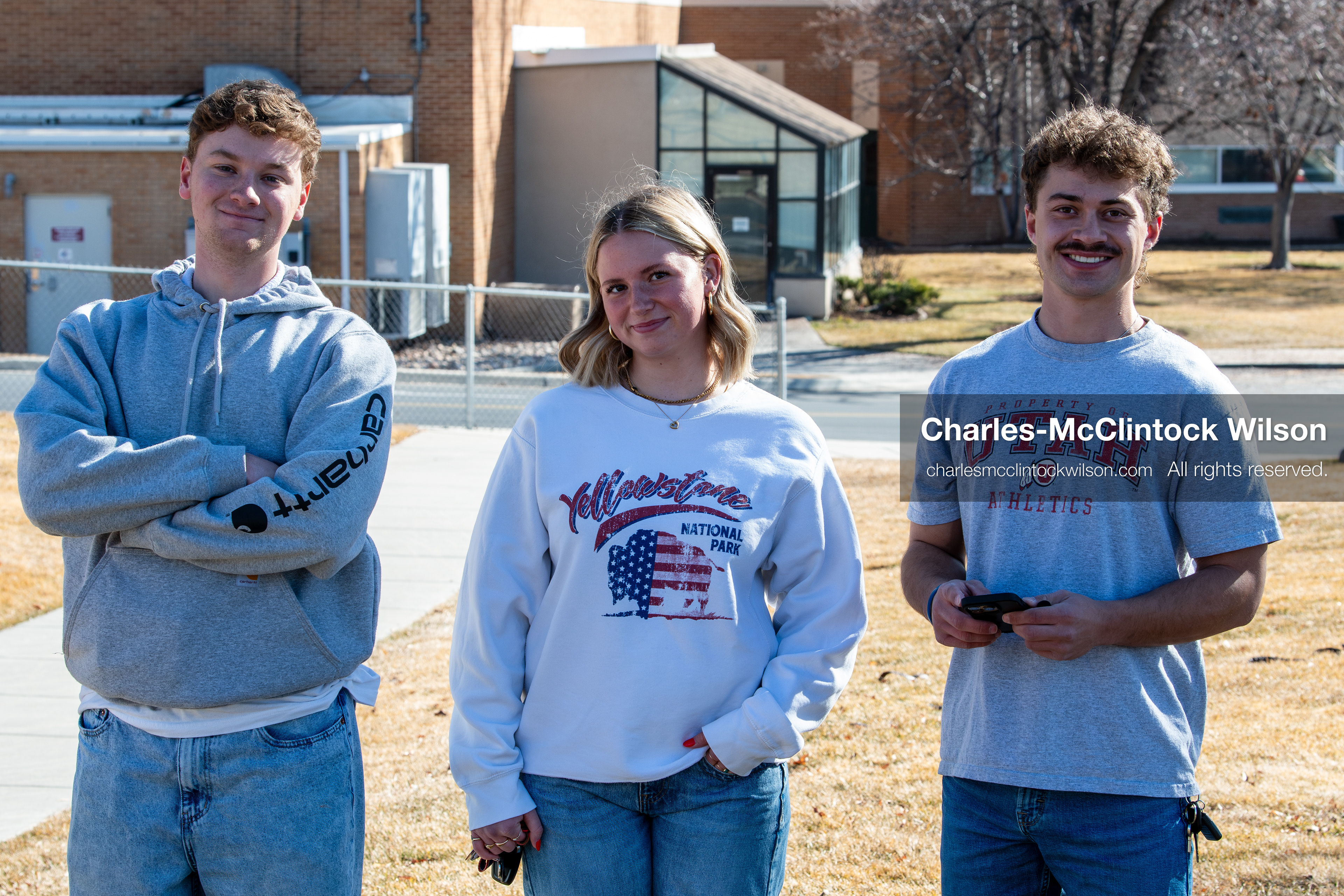 February 5, 2026, Provo, Utah, USA: Members of the Turning Point USA chapter at Brigham Young University pose for a photo in Provo as a protest takes place nearby opposing the presence of US Customs and Border Protection recruiters at a career fair held at the university. (Credit Image: © Charles McClintock Wilson/ZUMA Press Wire)
