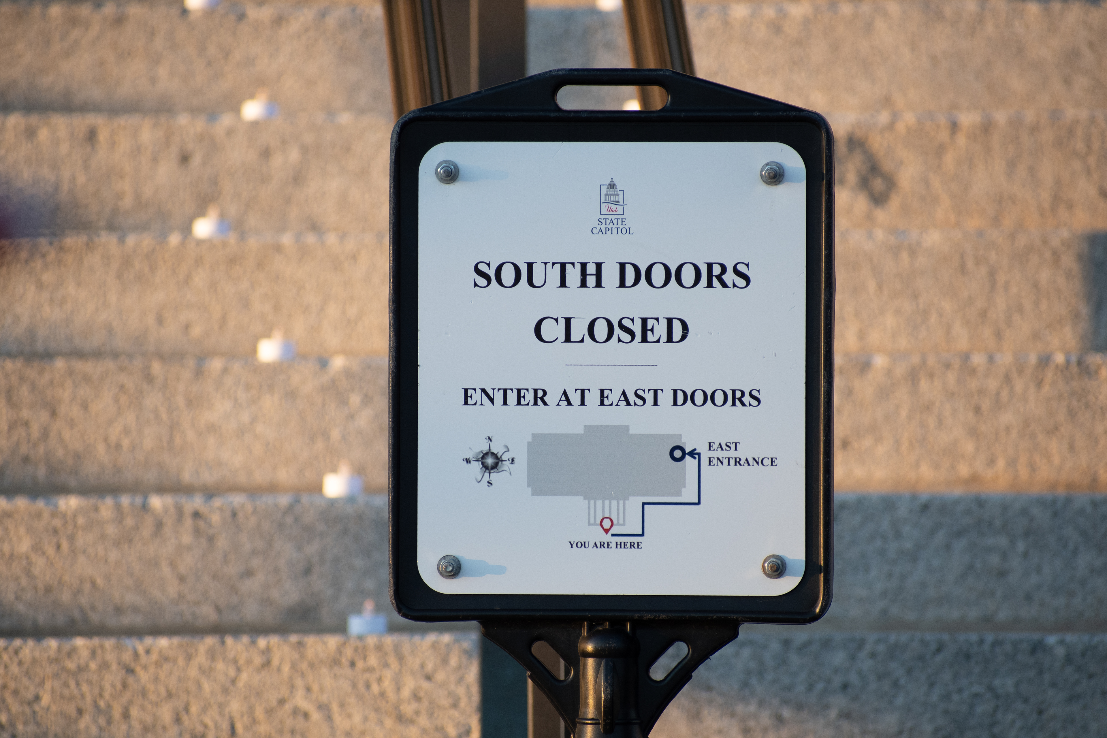 October 10, 2025, Salt Lake City, Utah, USA: A directional sign outside the Utah State Capitol informs visitors that the south doors are closed and directs entry through the east doors during the Free Palestine Rally. (Credit Image: © Charles-McClintock Wilson/ZUMA Press Wire)