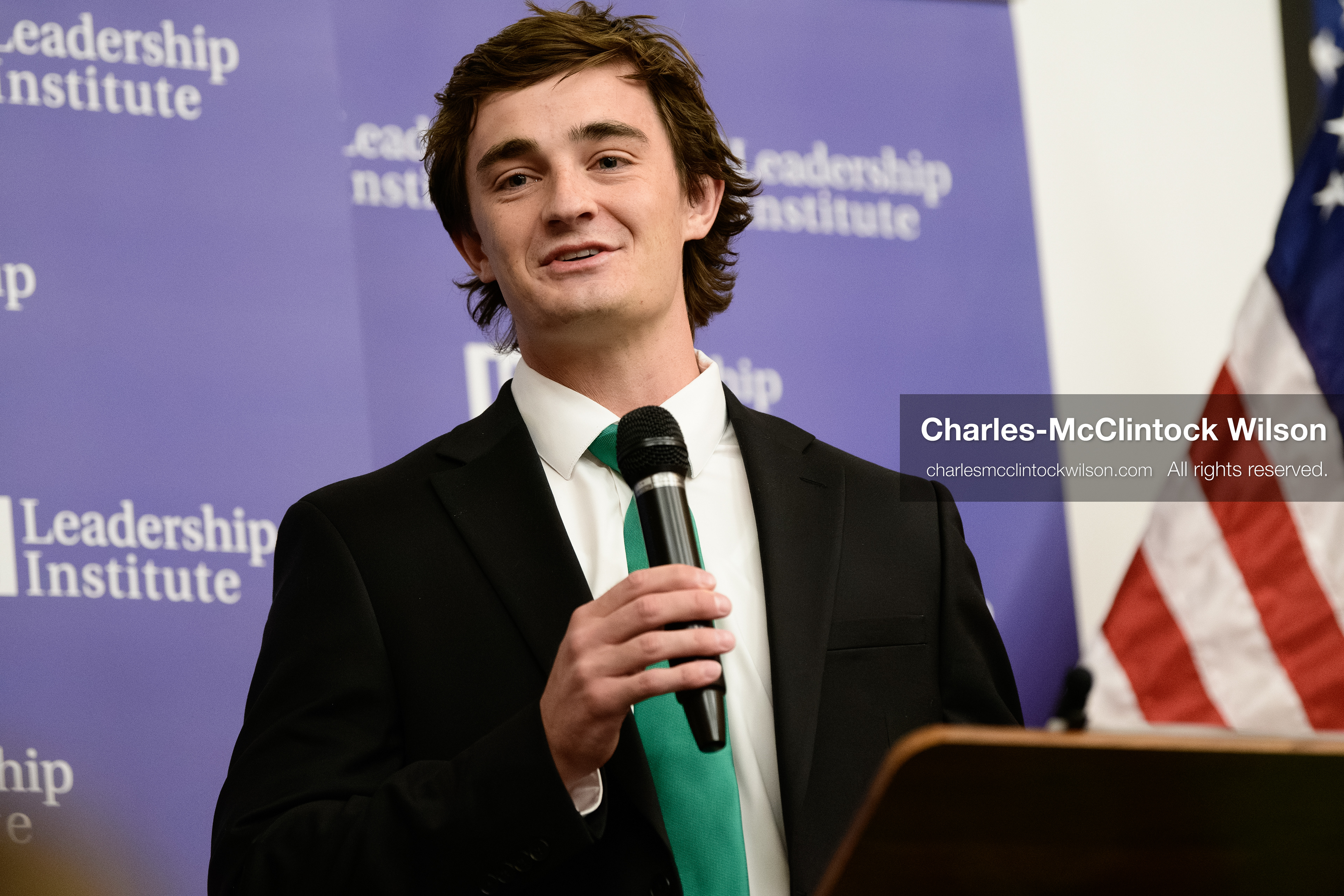 Salt Lake City, Utah, USA — US YouTuber Nick Shirley speaks during a “Learing Tour” event organized by the Utah Federation of College Republicans at the University of Utah, April 10, 2026. (Credit Image: © Charles-McClintock Wilson/ZUMA Press Wire)