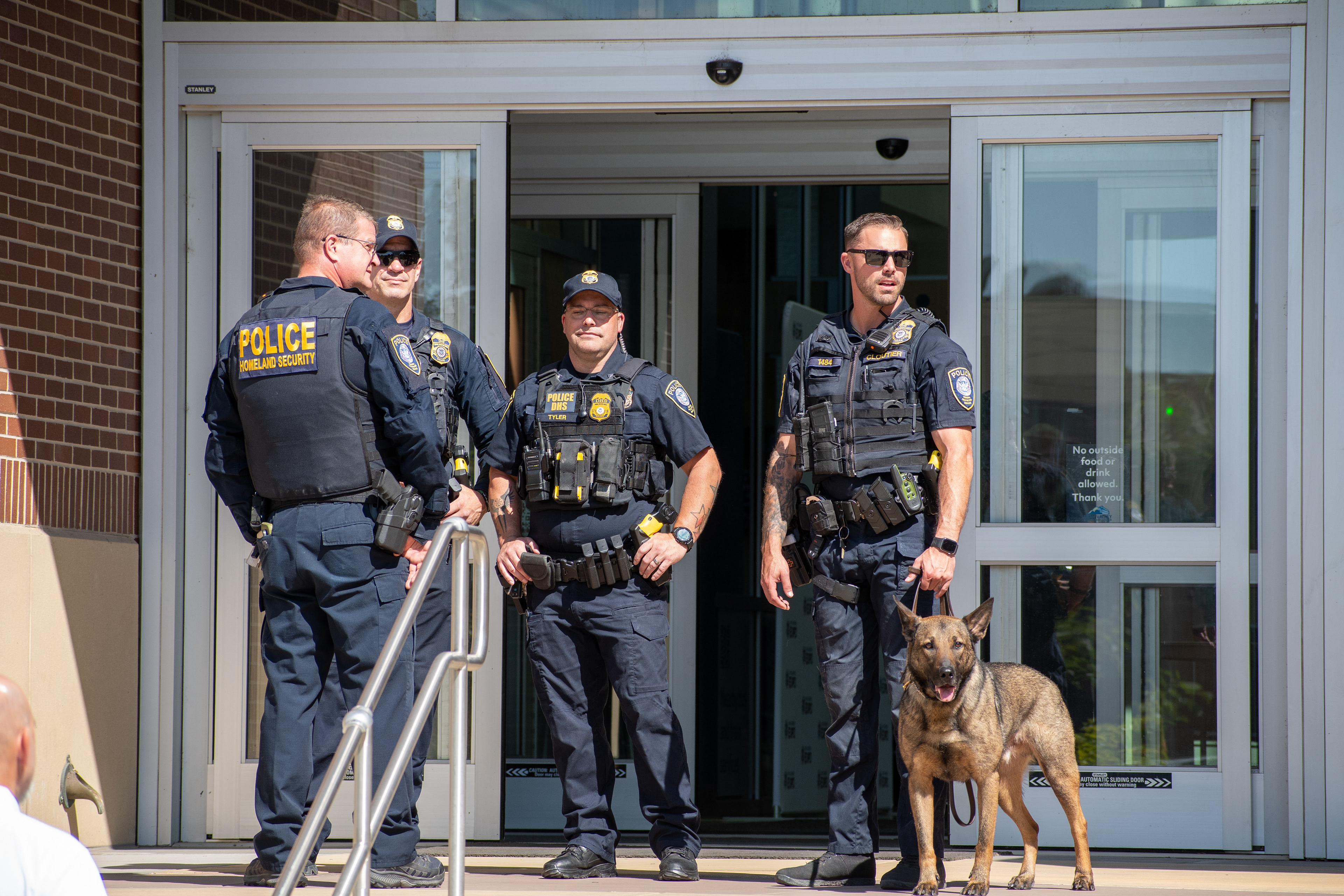 September 15, 2025 – Provo, Utah, United States: Homeland Security police officers stand near the entrance of the Utah Valley Convention Center during a Department of Homeland Security career expo focused on recruiting law enforcement and security personnel. Photograph by Charles‑McClintock Wilson / ZUMA Press Wire