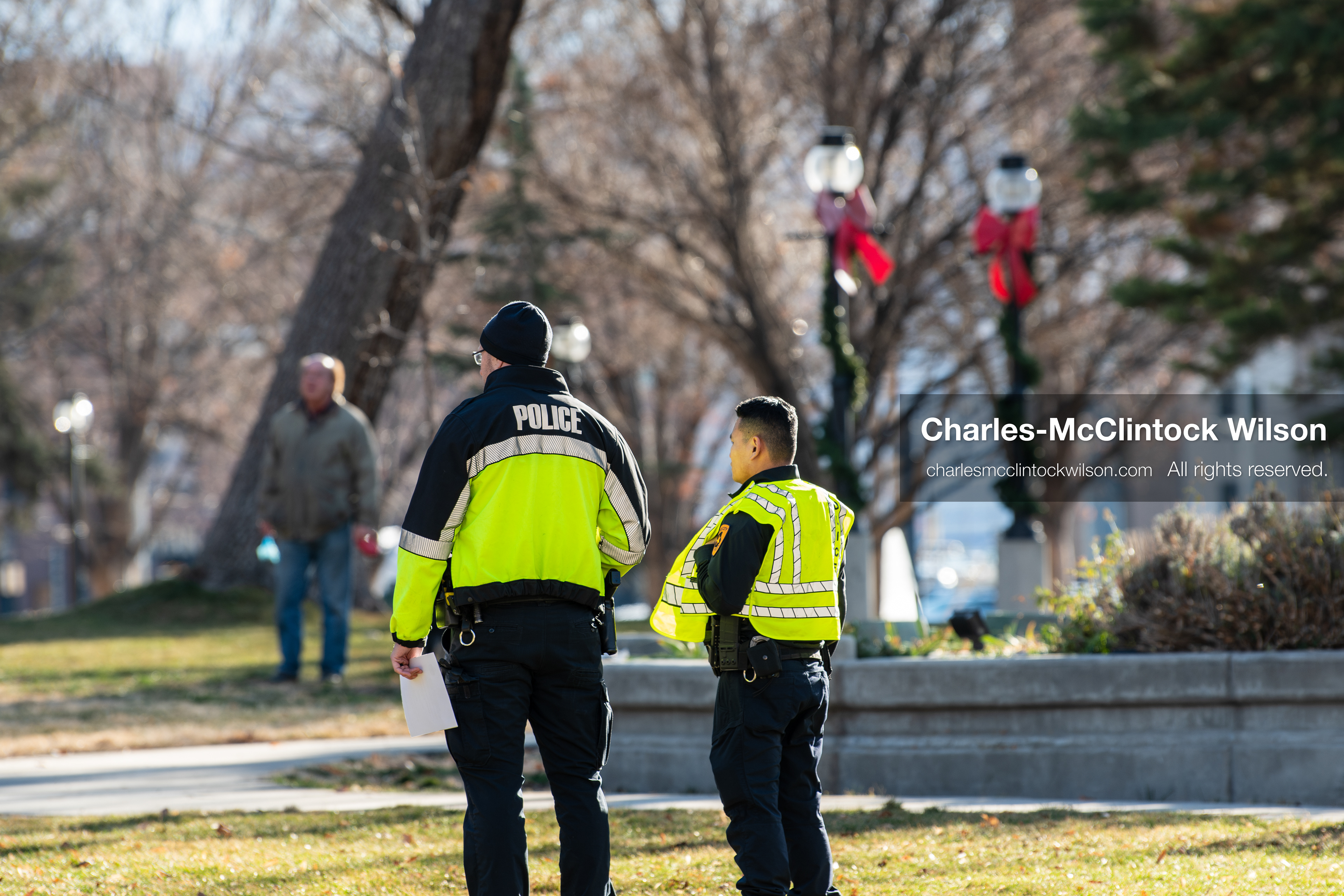 Salt Lake City, Utah, January 10, 2026: Salt Lake City Police Department officers monitor the ICE Out for Good protest at Washington Square Park, a demonstration calling for justice for Renee Nicole Good. Officers wore high‑visibility jackets and cold‑weather gear. (Credit Image: © Charles‑McClintock Wilson/ZUMA Press Wire)