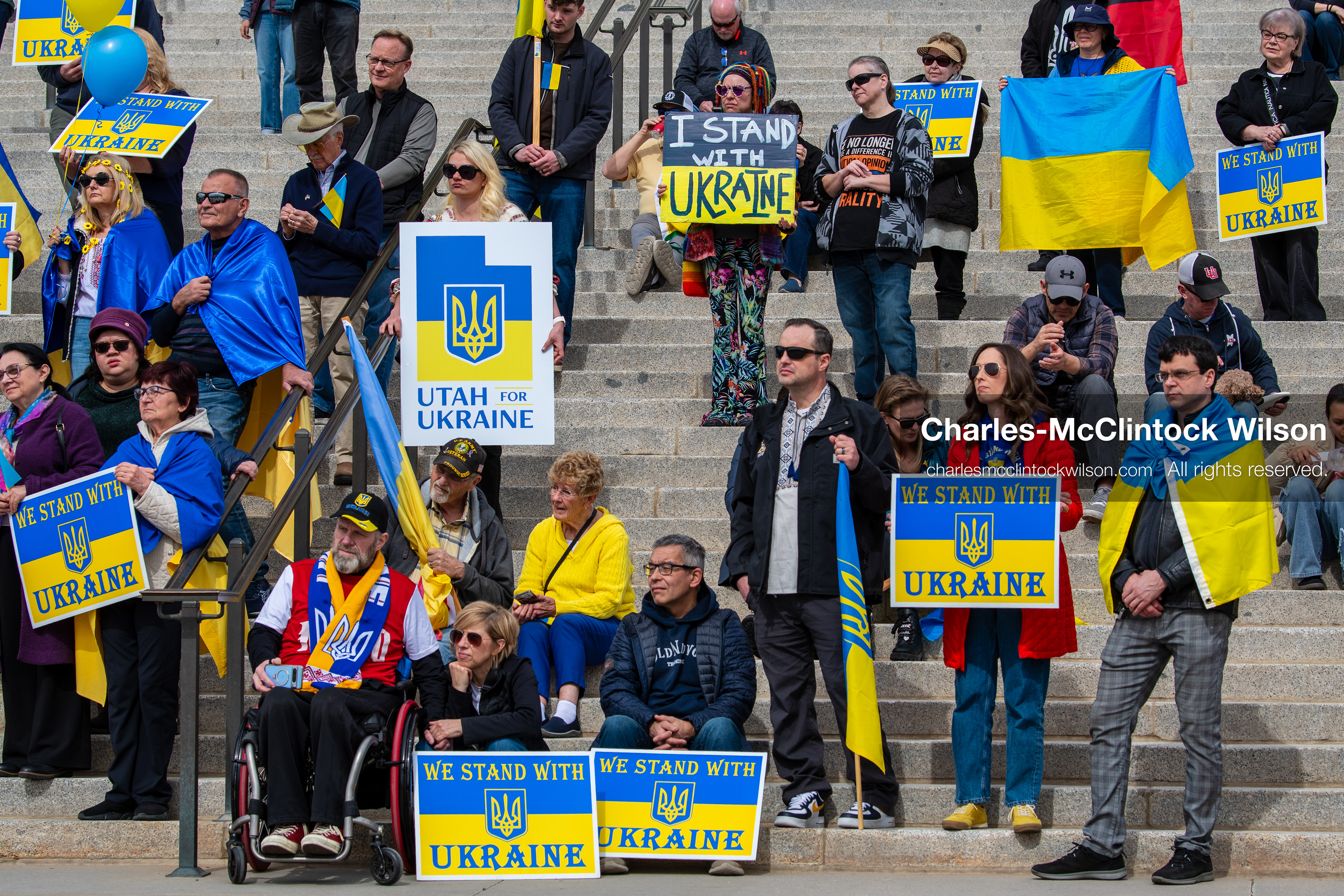 February 28, 2026, Salt Lake City, Utah, USA: Supporters gather on the steps of the Utah State Capitol during the Stand With Ukraine rally marking the four year anniversary of the full scale Russian invasion of Ukraine. Participants hold signs and Ukrainian flags as community members call for continued support for Ukraine and an end to the war. (Credit Image: © Charles McClintock Wilson/ZUMA Press Wire)