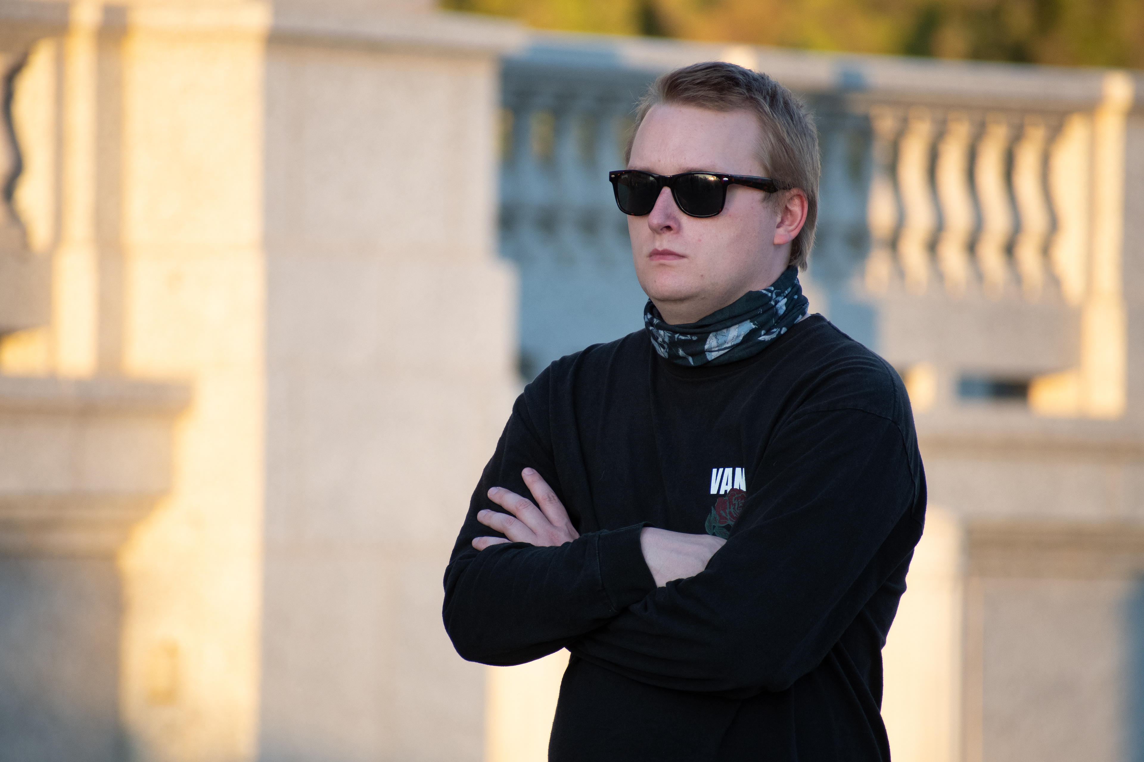 October 10, 2025, Salt Lake City, Utah, USA: A demonstrator stands with arms crossed during the Free Palestine Rally organized in front of the Utah State Capitol. (Credit Image: © Charles-McClintock Wilson/ZUMA Press Wire)
