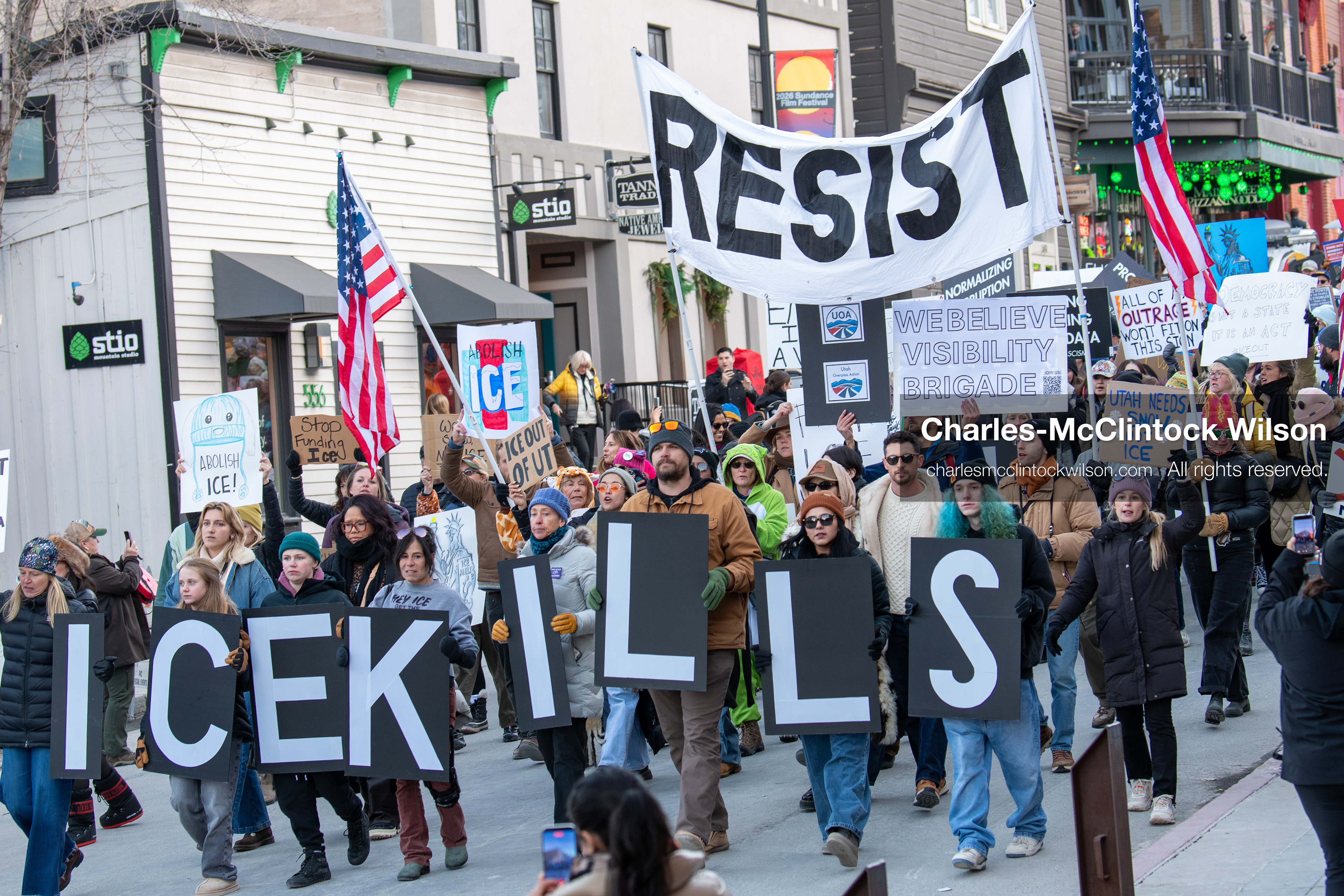 January 26, 2026, Park City, Utah, USA: Demonstrators march through Main Street holding signs during a protest opposing U.S. Immigration and Customs Enforcement (I.C.E.) ICE agents at the Sundance Film Festival in Park City, Utah, on Monday, Jan. 26, 2026. The event was held in response to the fatal shooting of Alex Pretti by a U.S. Border Patrol officer in Minneapolis. (Credit Image: © Charles McClintock Wilson/ZUMA Press Wire)