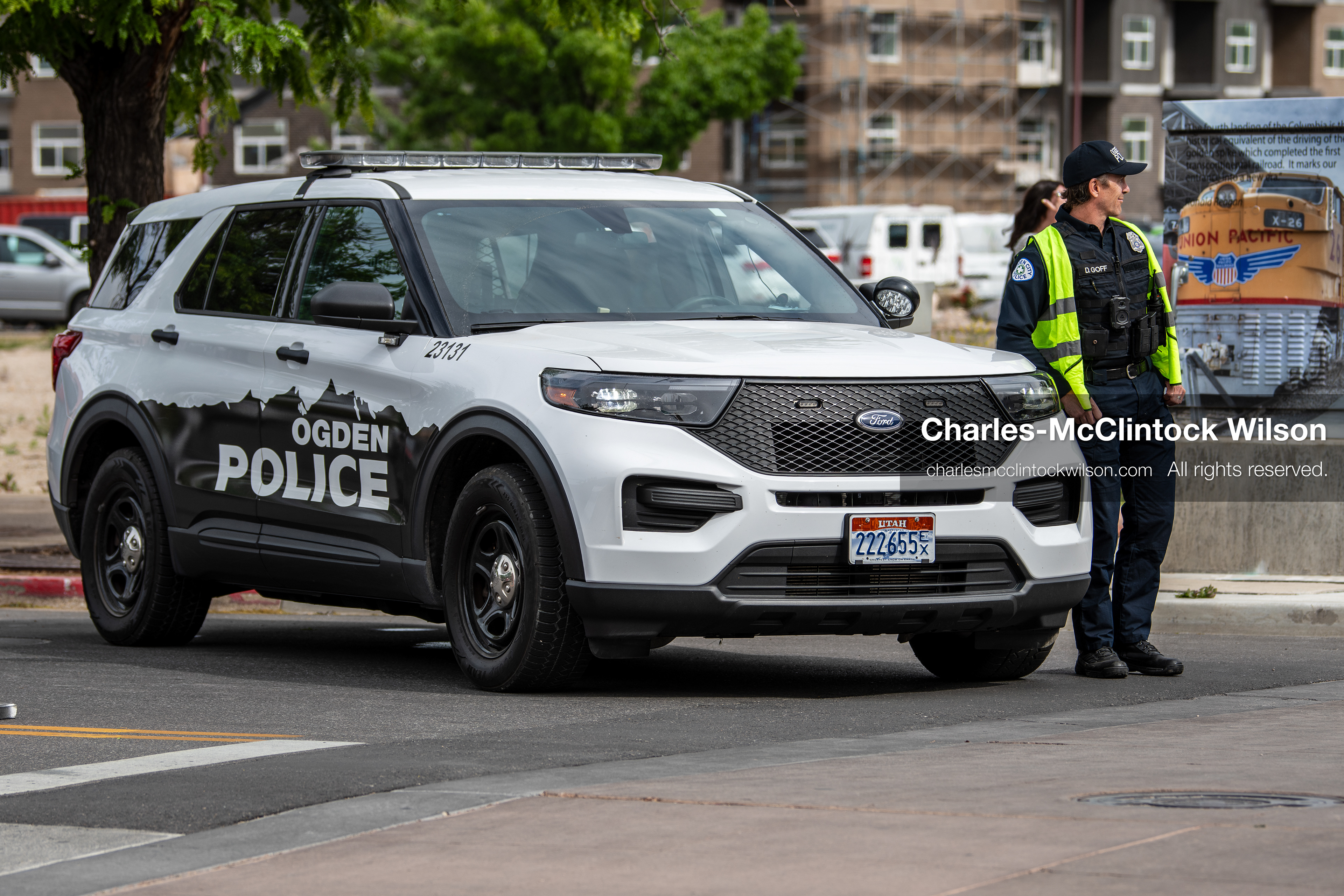 May 16, 2026, Ogden, Utah, USA: An Ogden Police officer stands next to a patrol vehicle during the 25th Annual America First Ogden Marathon in Ogden, Utah, on Saturday, May 16, 2026. (Credit Image: © Charles-McClintock Wilson/ZUMA Press Wire)