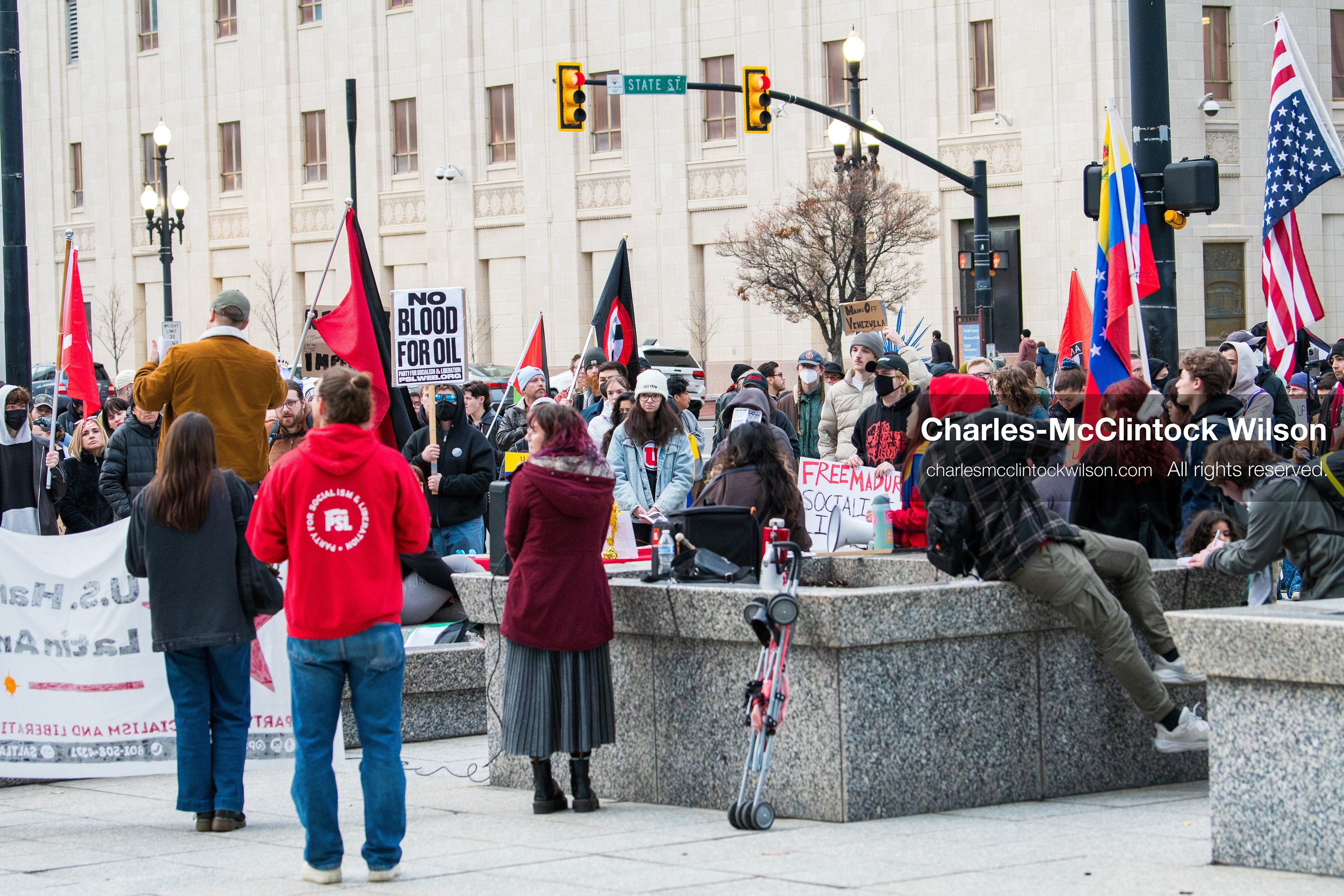 January 3, 2026, Salt Lake City, Utah, USA: Protesters hold signs during an emergency demonstration against US action in Venezuela outside the Wallace Federal Building in Salt Lake City, Utah. The event was part of a nationwide mobilization responding to recent military developments. (Credit Image: (c) Charles‑McClintock Wilson/ZUMA Press Wire)