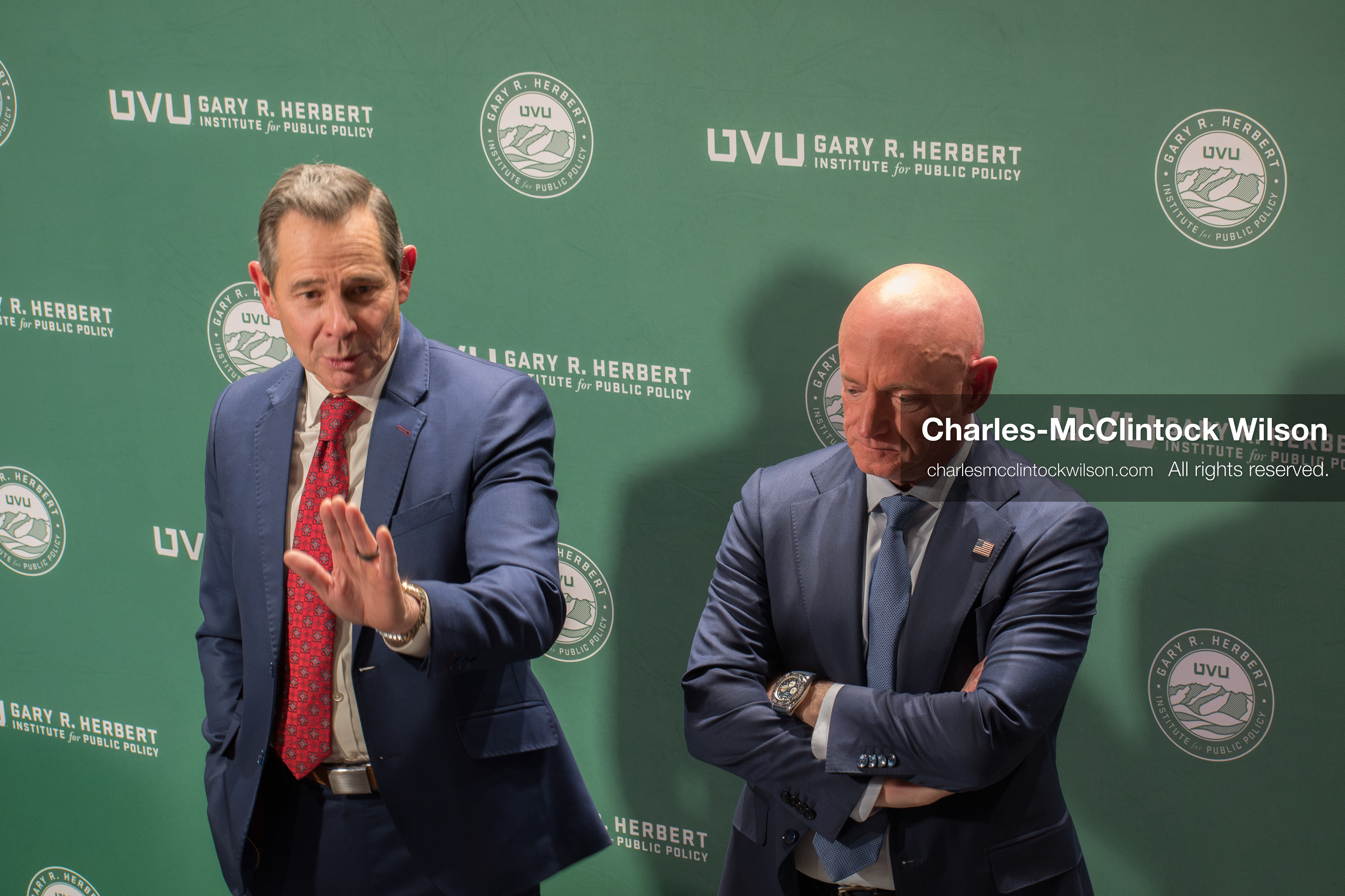 November 12, 2025, Orem, Utah, USA: Senators John Curtis (R–UT) and Mark Kelly (D–AZ) address members of the press following the Senators Modeling Civility forum hosted by the Gary R. Herbert Institute for Public Policy at Utah Valley University. The event, held at the Noorda Center for the Performing Arts, featured a bipartisan dialogue moderated by CNN anchor Dana Bash. The discussion emphasized respectful civic engagement and institutional restraint following the assassination of conservative activist Charlie Kirk. (Credit Image: © Charles-McClintock Wilson/ZUMA Press Wire)