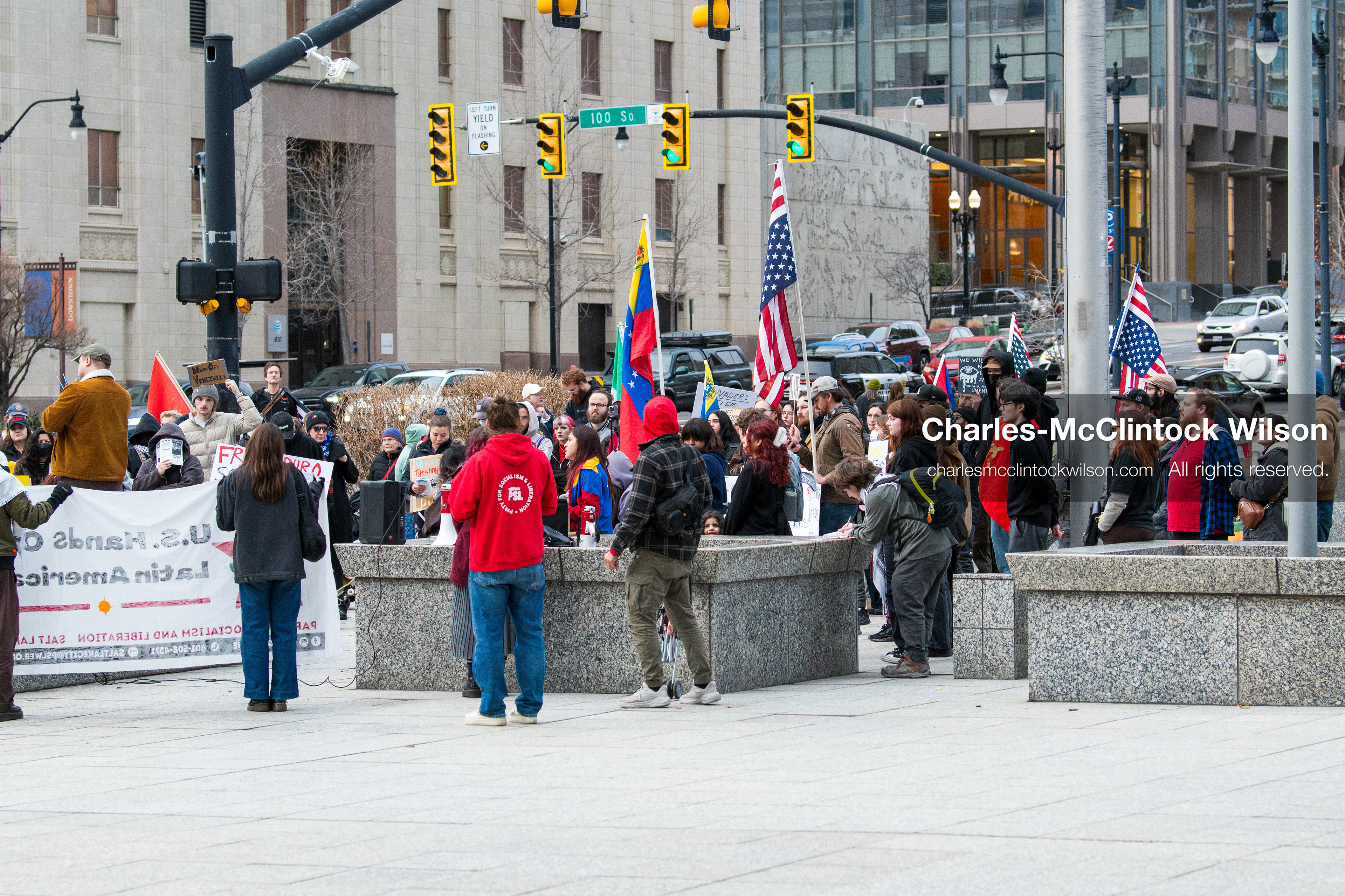 January 3, 2026, Salt Lake City, Utah, USA: Protesters hold signs during an emergency demonstration against US action in Venezuela outside the Wallace Federal Building in Salt Lake City, Utah. The event was part of a nationwide mobilization responding to recent military developments. (Credit Image: (c) Charles‑McClintock Wilson/ZUMA Press Wire)