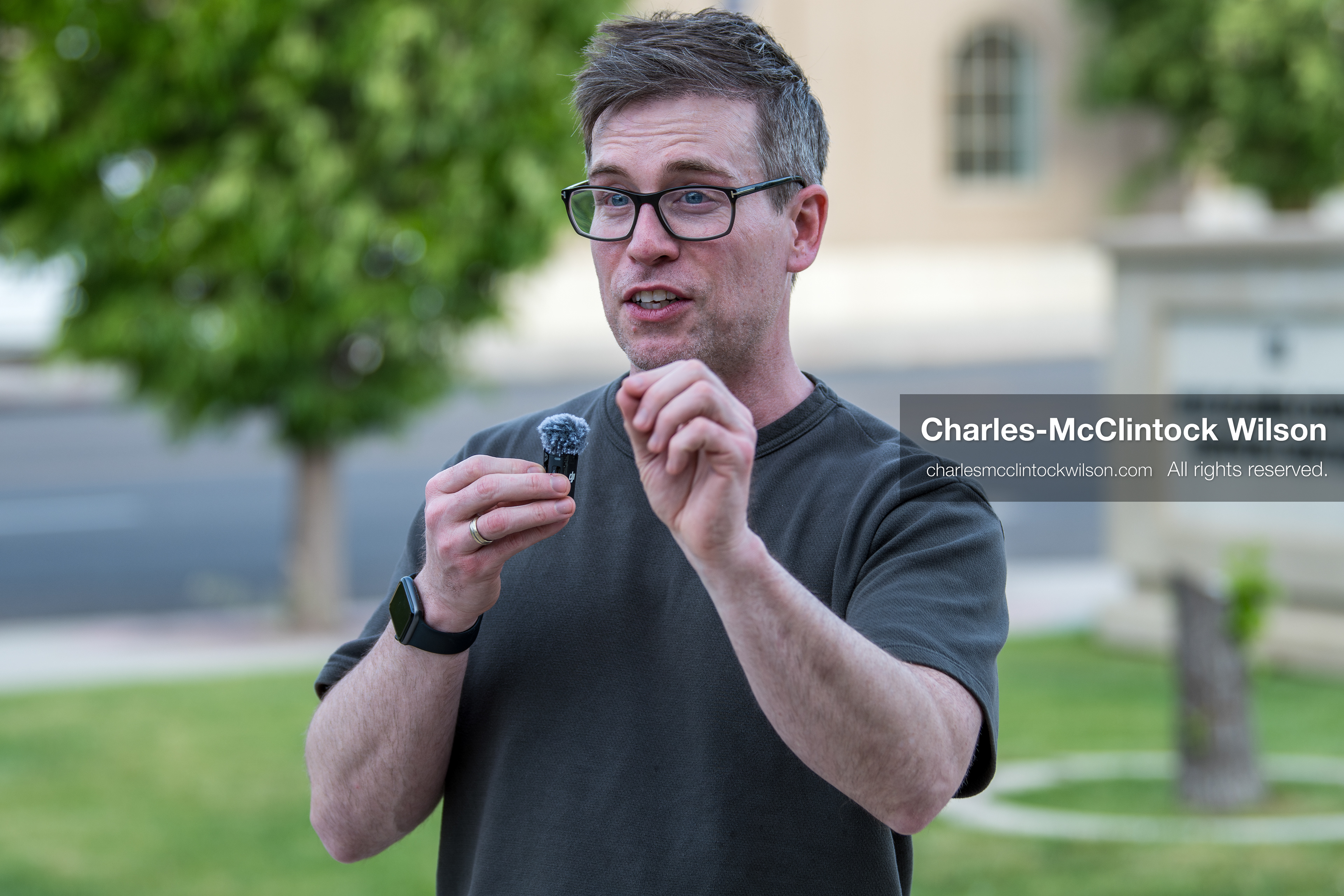 May 13, 2026, Brigham City, Utah, USA: US political satirist and digital creator WALTER MASTERSON speaks to attendees outside the Box Elder County Justice Courthouse in Brigham City, Utah, on May 13, 2026, during a gathering over the proposed data center project backed by businessman Kevin O'Leary, which has drawn public concern over water use, power demand, and transparency. (Credit Image: © Charles-McClintock Wilson/ZUMA Press Wire)