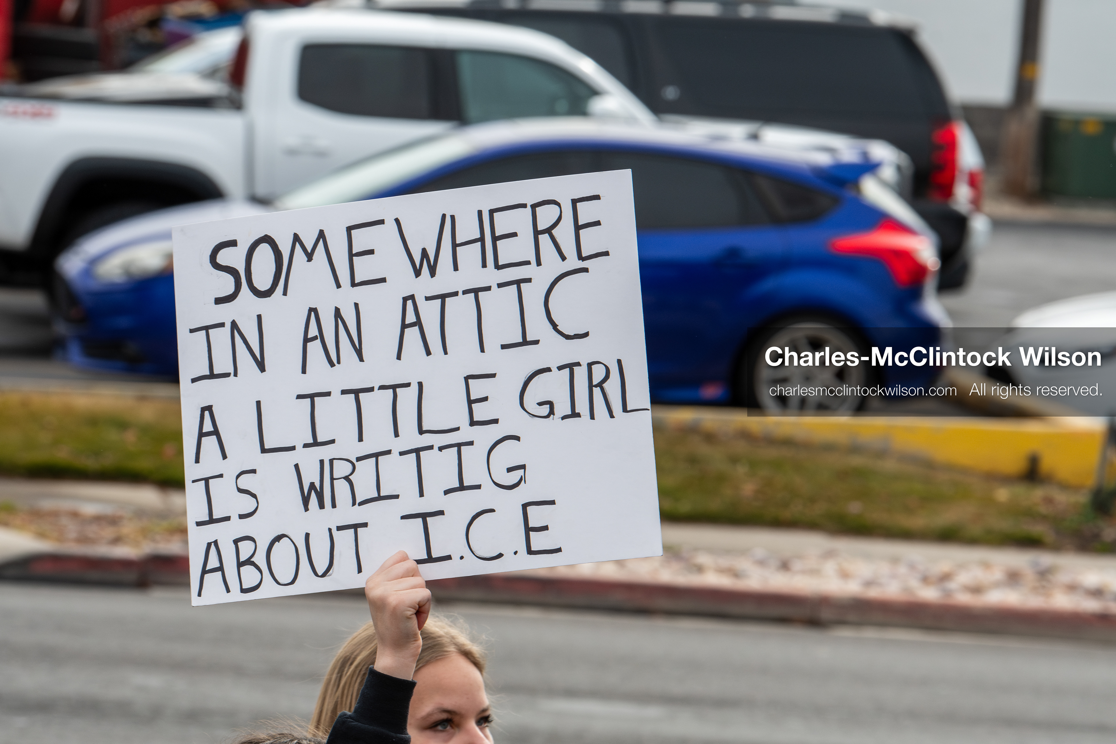 February 11, 2026, Orem, Utah, USA: A student stands along State Street during a student‑led protest involving participants from multiple Orem schools. (Credit Image: © Charles‑McClintock Wilson/ZUMA Press Wire)