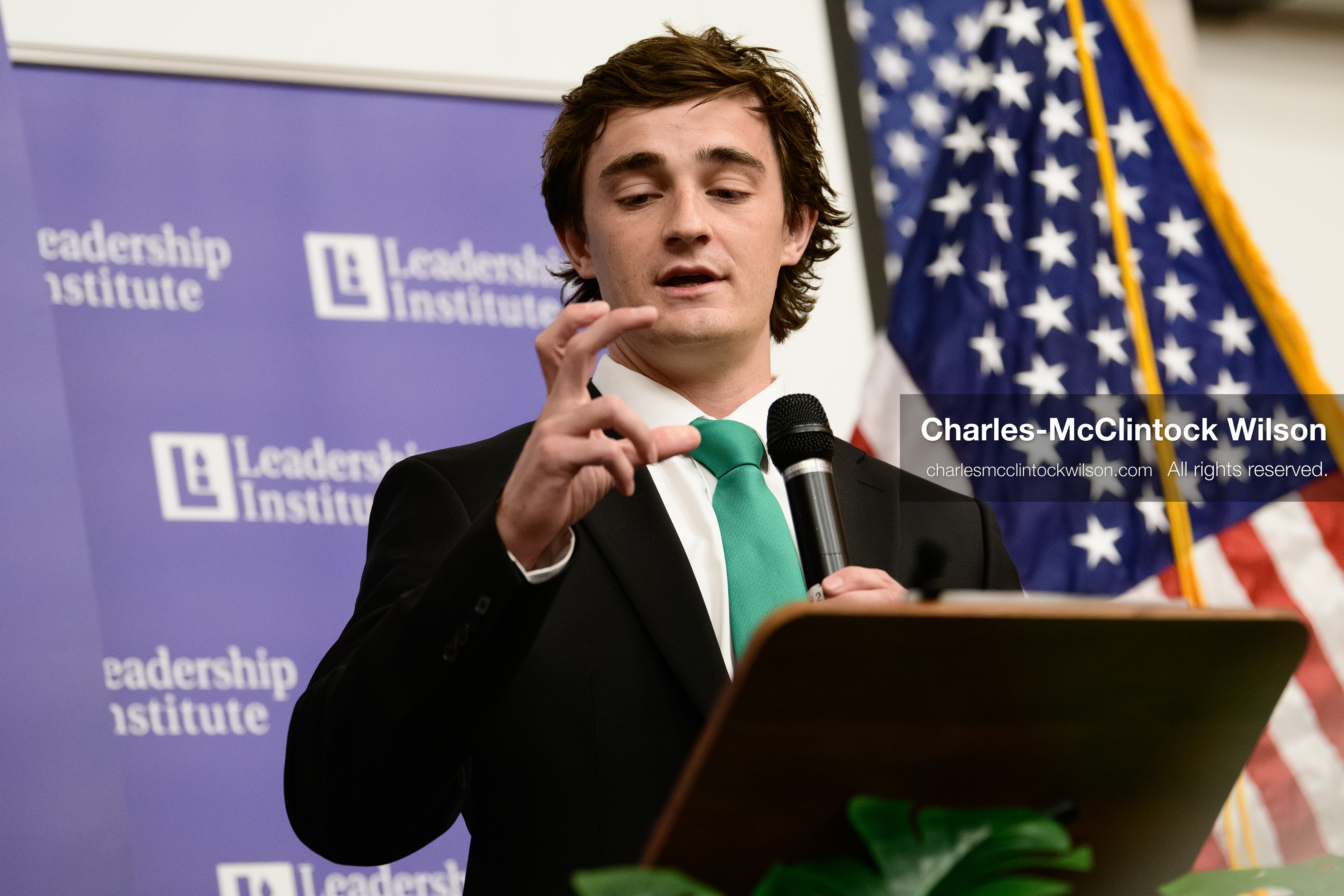 Salt Lake City, Utah, USA — US YouTuber Nick Shirley speaks during a “Learing Tour” event organized by the Utah Federation of College Republicans at the University of Utah, April 10, 2026. (Credit Image: © Charles-McClintock Wilson/ZUMA Press Wire)