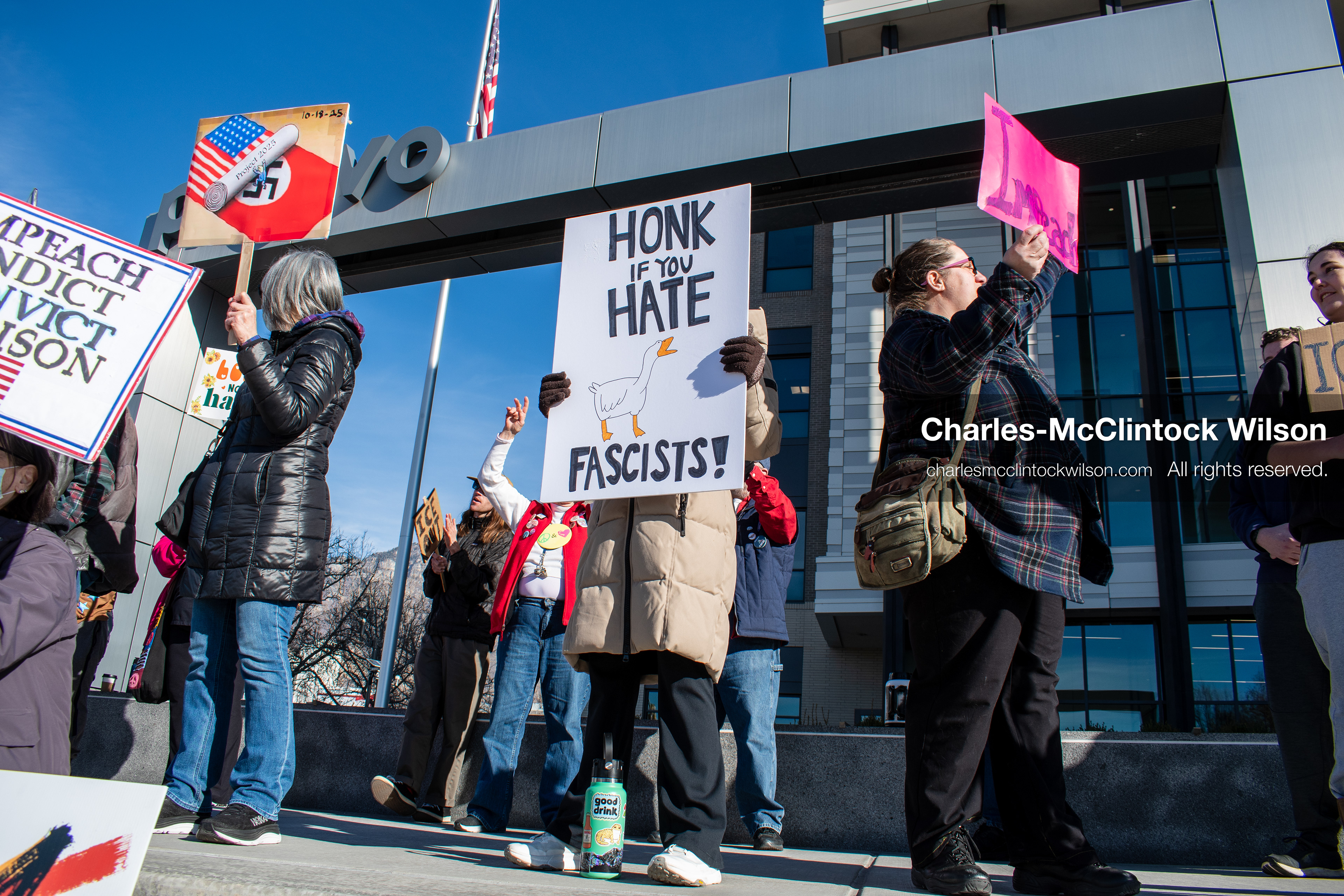 January 20, 2026, Provo, Utah, USA: Protesters gather outside Provo City Hall during the Free America Walkout protest in Provo, Utah, on January 20, 2026. Demonstrators held signs calling for justice, immigration reform, and an end to detention practices. (Credit Image: © Charles-McClintock Wilson/ZUMA Press Wire)