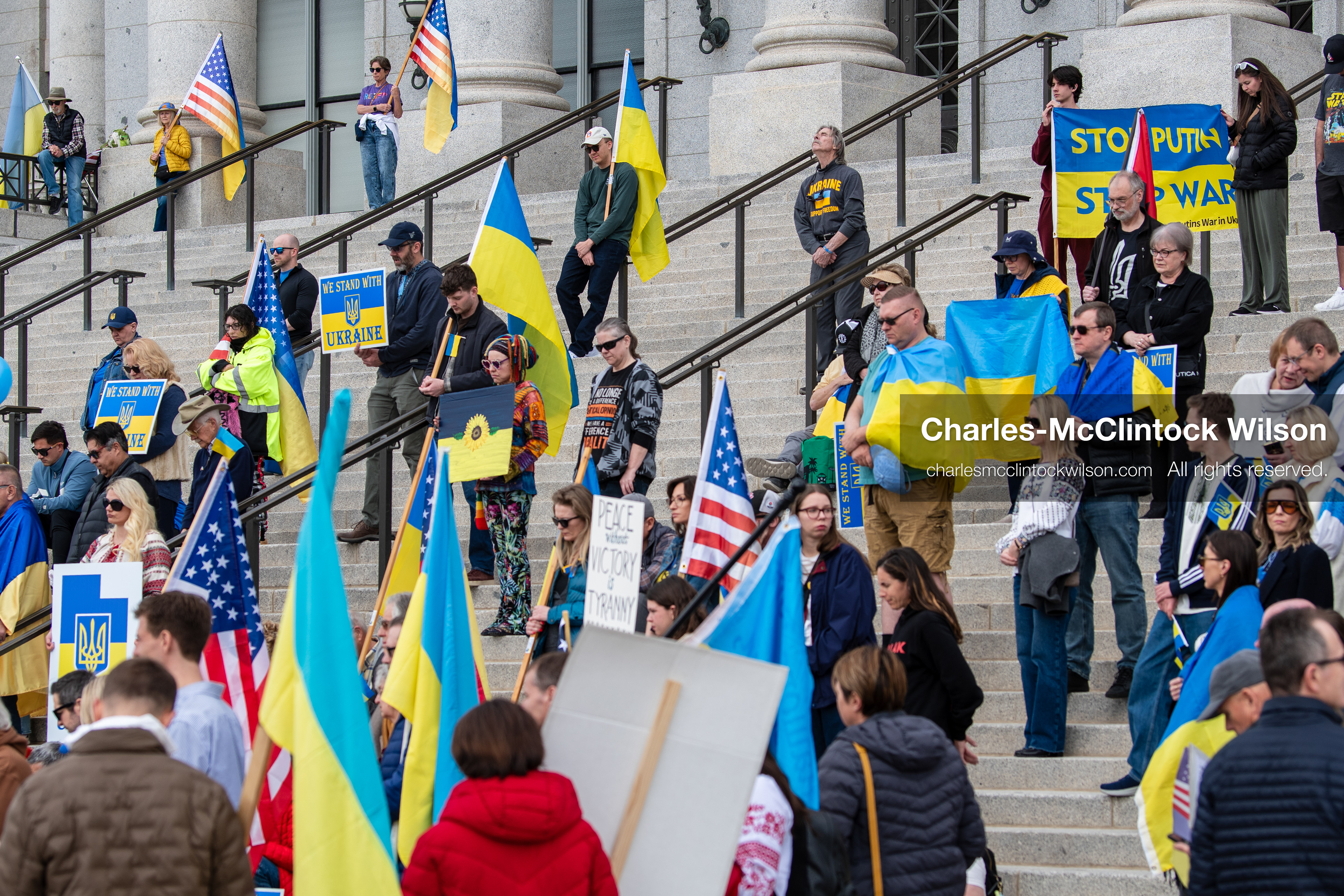 February 28, 2026, Salt Lake City, Utah, USA: Supporters gather on the steps of the Utah State Capitol during the Stand With Ukraine rally marking the four year anniversary of the full scale Russian invasion of Ukraine. Participants hold signs and Ukrainian flags as community members call for continued support for Ukraine and an end to the war. (Credit Image: © Charles McClintock Wilson/ZUMA Press Wire)