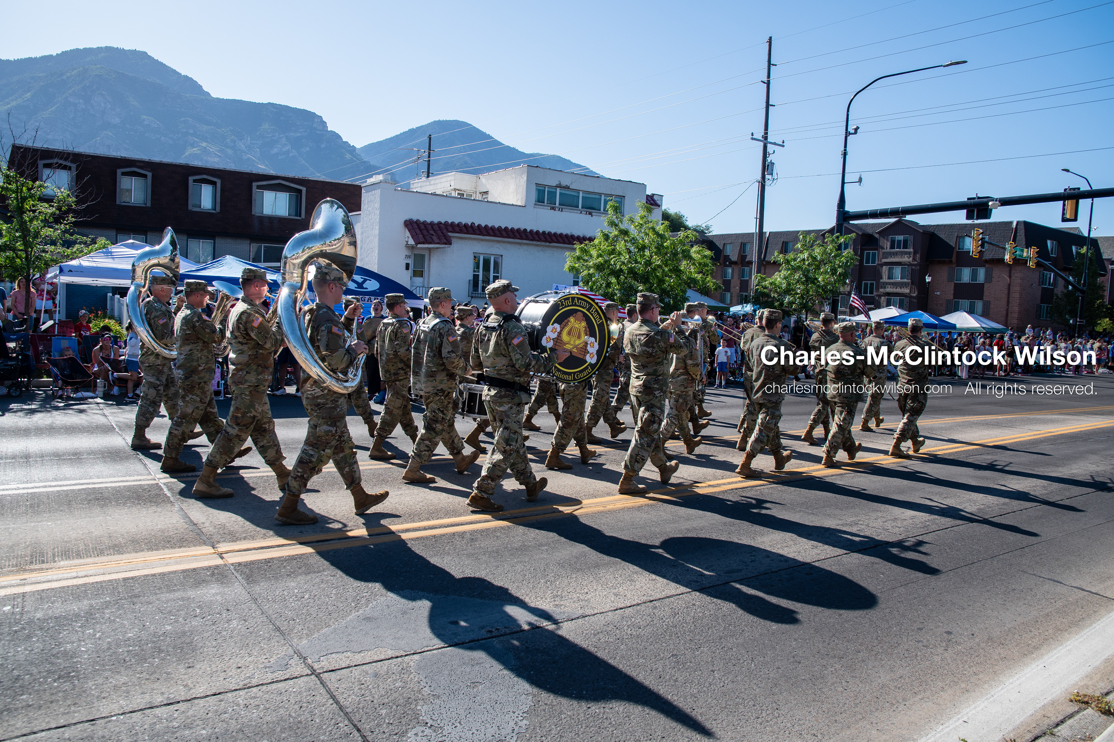  July 4, 2026, Provo, Utah, USA: Members of the Utah National Guard military marching band play brass and percussion instruments while marching down the street during America's Freedom Festival Grand Parade in Provo, Utah, Saturday, July 4, 2026. The annual Independence Day event features expanded programming to honor the 250th anniversary of United States independence. (Credit Image: © Charles-McClintock Wilson/ZUMA Press Wire)