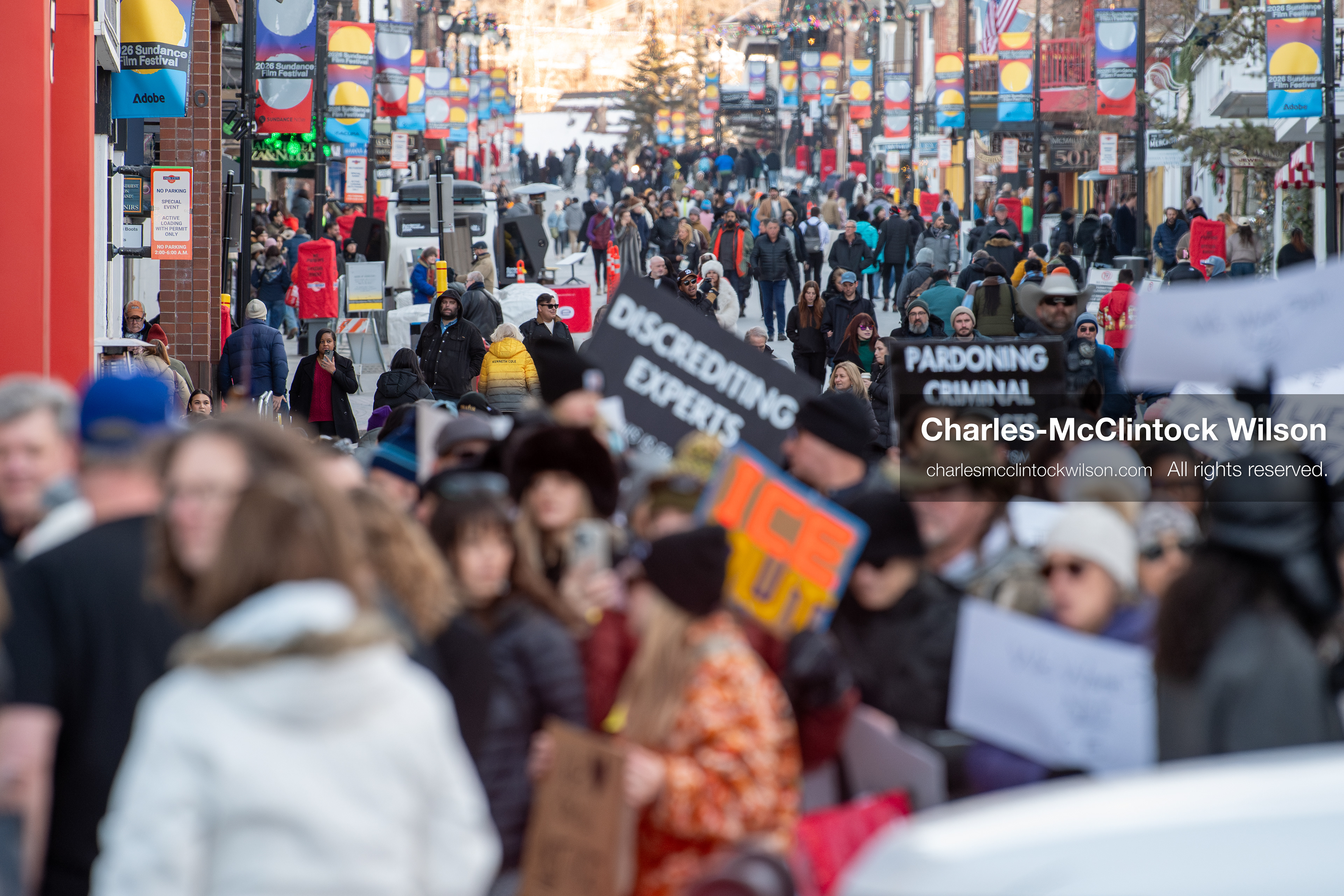 January 26, 2026, Park City, Utah, USA: Demonstrators march through Main Street holding signs during a protest opposing U.S. Immigration and Customs Enforcement (I.C.E.) ICE agents at the Sundance Film Festival in Park City, Utah, on Monday, Jan. 26, 2026. The event was held in response to the fatal shooting of Alex Pretti by a U.S. Border Patrol officer in Minneapolis. (Credit Image: © Charles McClintock Wilson/ZUMA Press Wire)