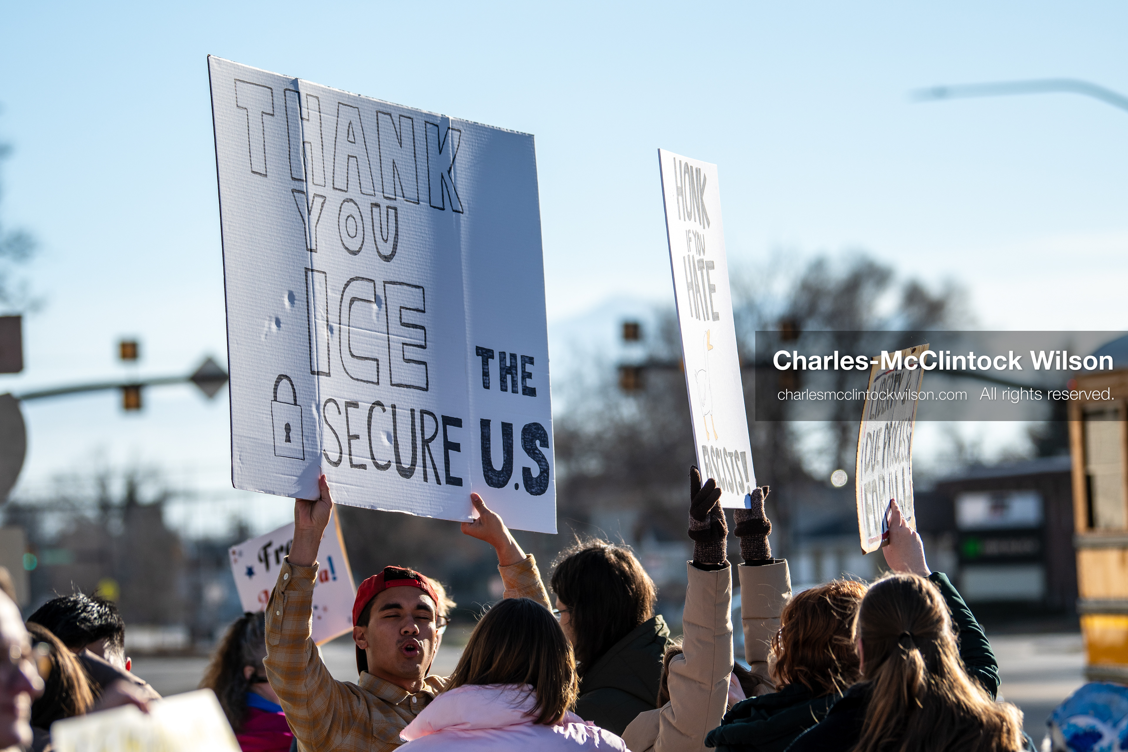 January 20, 2026, Provo, Utah, USA: Protesters gather outside Provo City Hall during the Free America Walkout protest in Provo, Utah, on January 20, 2026. Demonstrators held signs calling for justice, immigration reform, and an end to detention practices. (Credit Image: © Charles-McClintock Wilson/ZUMA Press Wire)