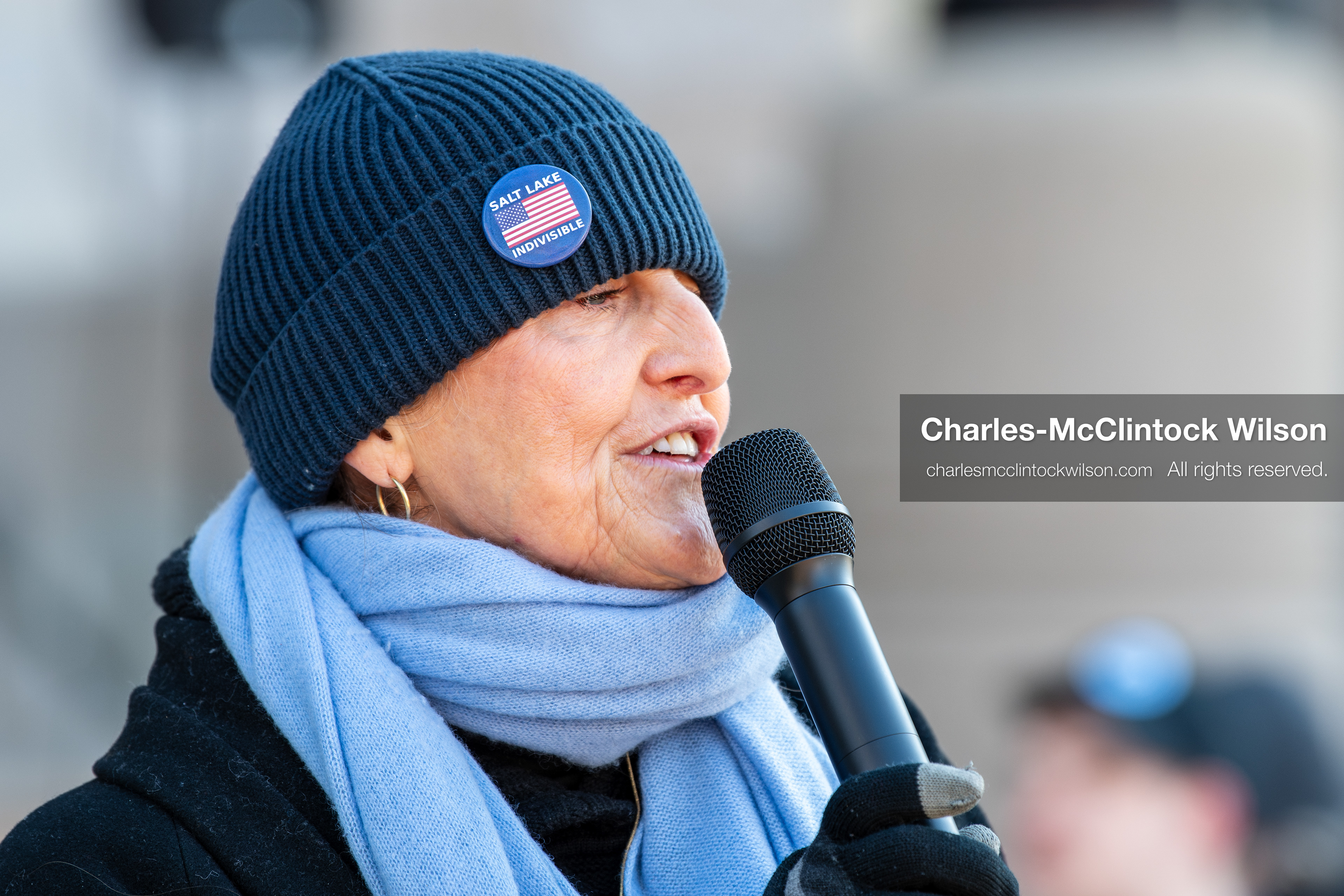 Salt Lake City, Utah, January 10, 2026: Sarah Buck, leader and key organizer for Salt Lake Indivisible, speaks during the ICE Out for Good protest at Washington Square Park, a demonstration calling for justice for Renee Nicole Good. Salt Lake Indivisible is a local grassroots organization that opposes policies of the Trump administration and advocates for democratic protections. (Credit Image: © Charles‑McClintock Wilson/ZUMA Press Wire)