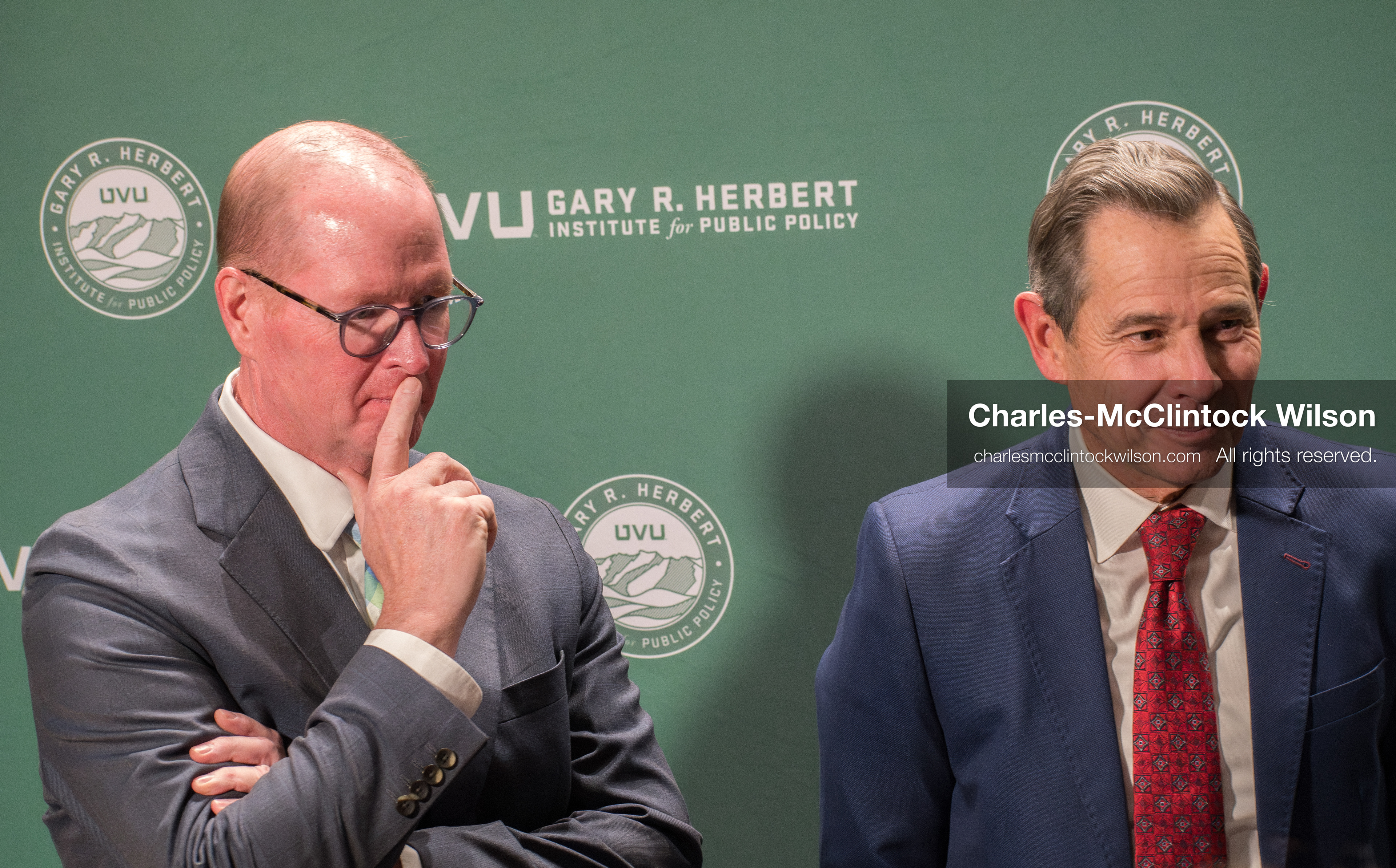 November 12, 2025, Orem, Utah, USA: Executive Director Justin Jones of the Gary R. Herbert Institute for Public Policy and Senator John Curtis (R–UT) engage with members of the press during the Senators Modeling Civility forum at Utah Valley University. The event, held at the Noorda Center for the Performing Arts, featured bipartisan dialogue moderated by CNN anchor Dana Bash, emphasizing institutional response and respectful civic engagement following the assassination of conservative activist Charlie Kirk. (Credit Image: © Charles-McClintock Wilson/ZUMA Press Wire)