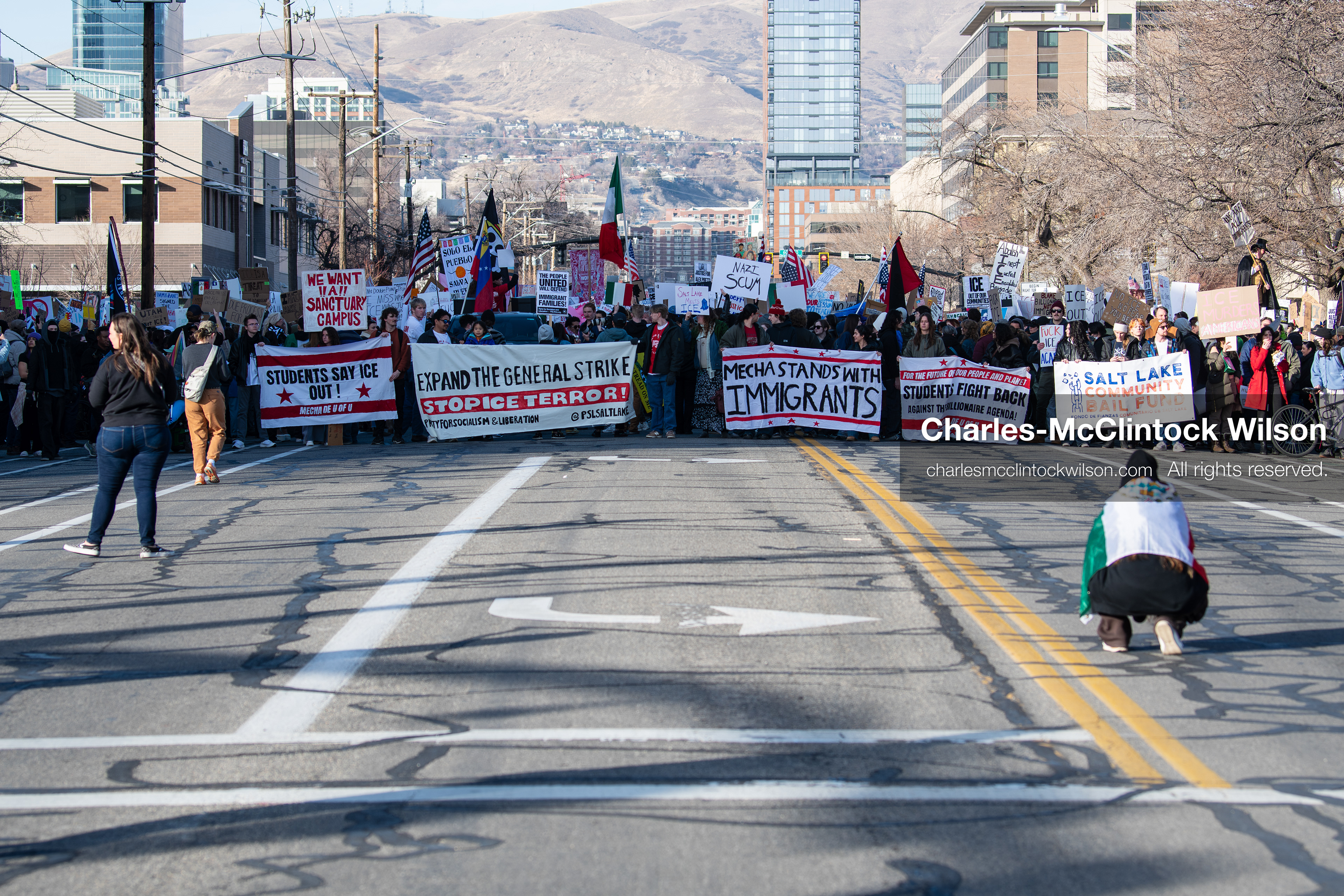 January 30, 2026, Salt Lake City, Utah, USA: Demonstrators march with banners and signs during an anti‑ICE protest in Salt Lake City, Utah, part of a nationwide response to immigration enforcement policies. (Credit Image: © Charles‑McClintock Wilson/ZUMA Press Wire)