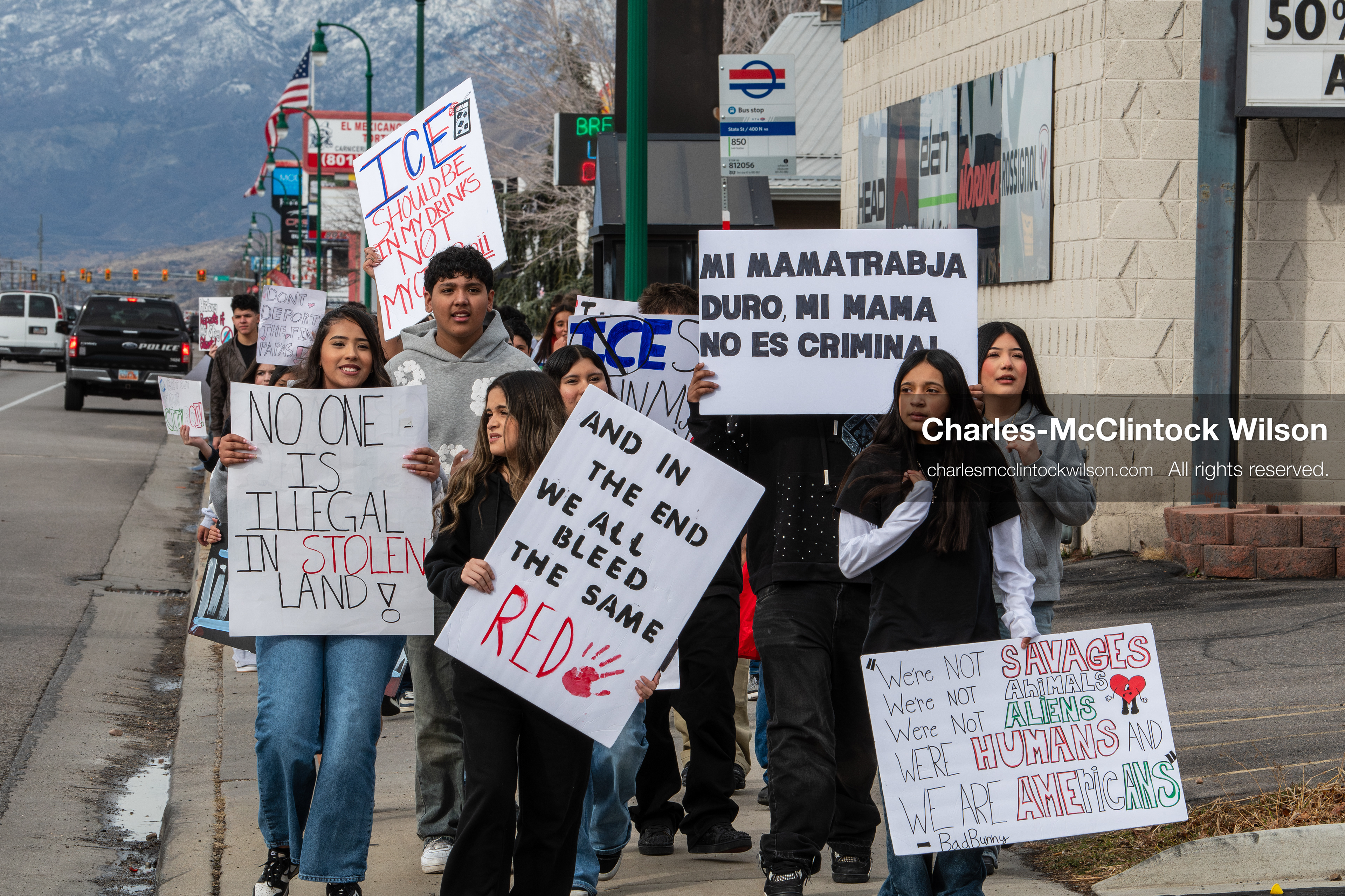 February 11, 2026, Orem, Utah, USA: Students march along State Street during a student‑led protest involving participants from multiple Orem schools. (Credit Image: © Charles‑McClintock Wilson/ZUMA Press Wire)