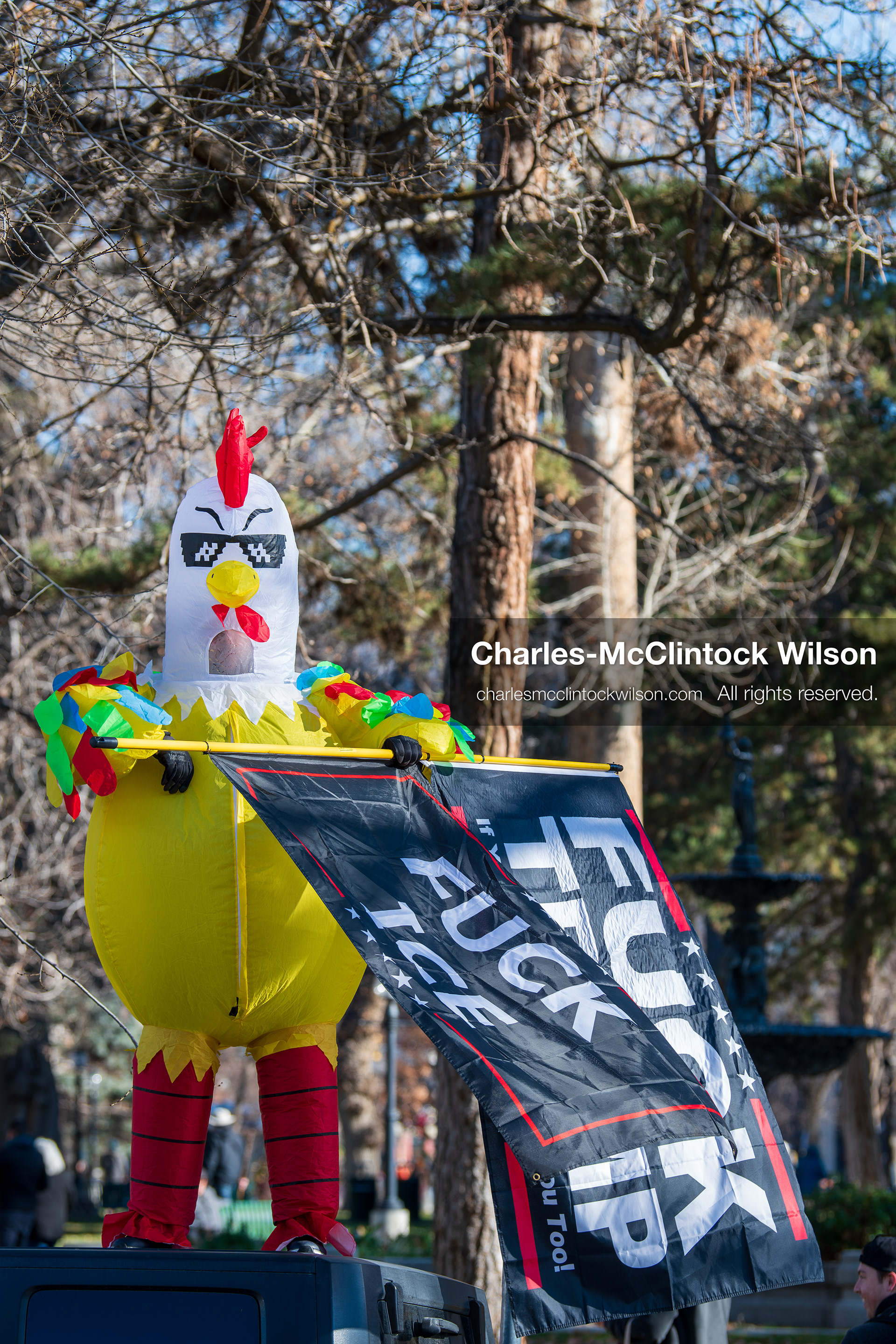 Salt Lake City, Utah, January 10, 2026: A person wearing a chicken costume stands on top of a vehicle during the ICE Out for Good protest at Washington Square Park, holding two flags with anti‑ICE and anti‑Trump messaging. (Credit Image: © Charles‑McClintock Wilson/ZUMA Press Wire)