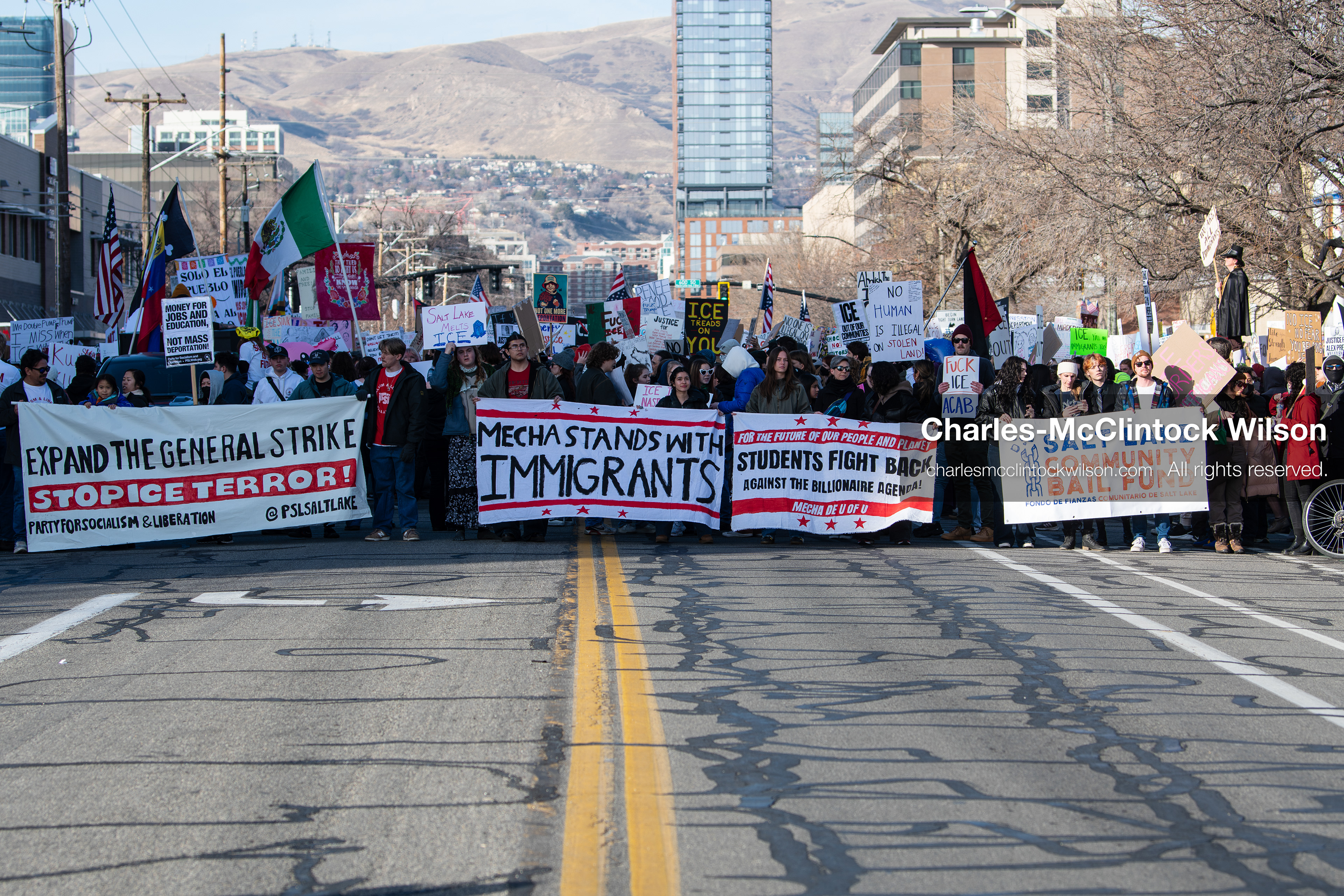 January 30, 2026, Salt Lake City, Utah, USA: Demonstrators march with banners and signs during an anti‑ICE protest in Salt Lake City, Utah, part of a nationwide response to immigration enforcement policies. (Credit Image: © Charles‑McClintock Wilson/ZUMA Press Wire)