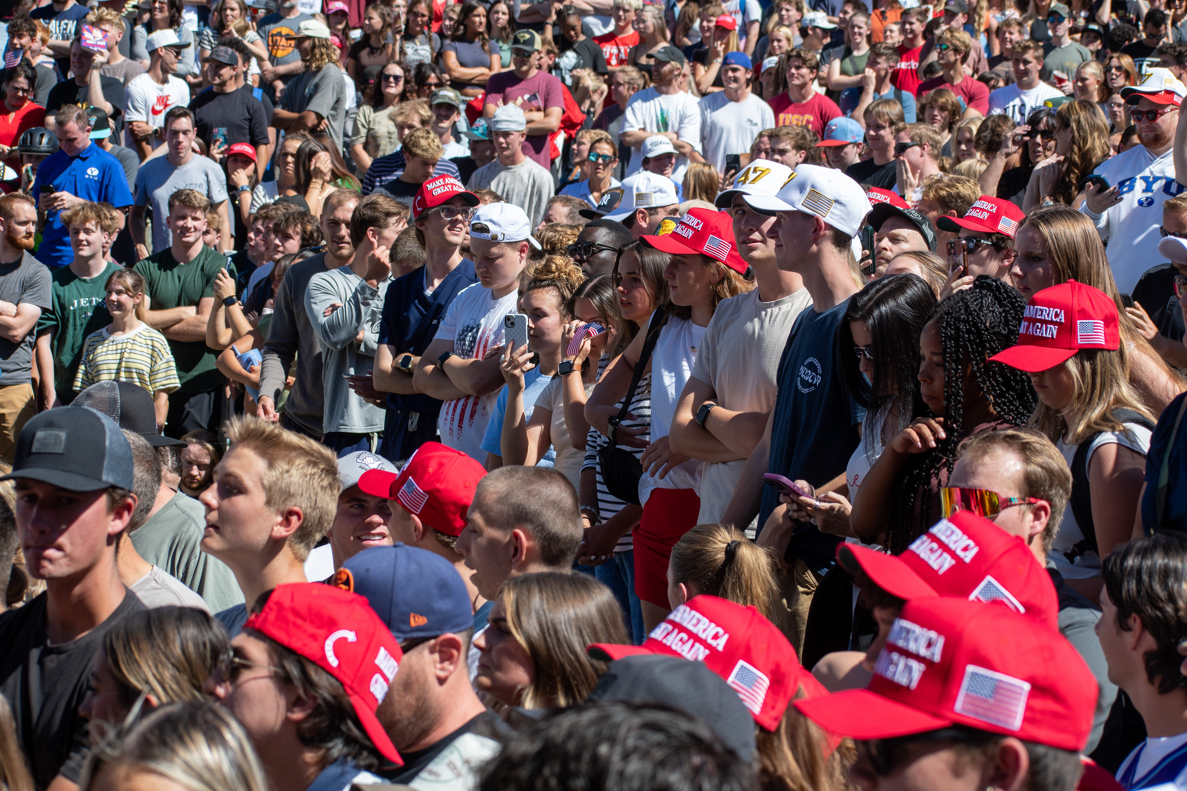  OREM, UTAH – SEPTEMBER 10, 2025: Attendees gather in close formation at Utah Valley University for the opening stop of the American Comeback Tour. The image captures a moment of shared anticipation and civic presence, reflecting the energy, emotion, and communal engagement that defined the event’s intended spirit. © Charles-McClintock Wilson / ZUMA Press