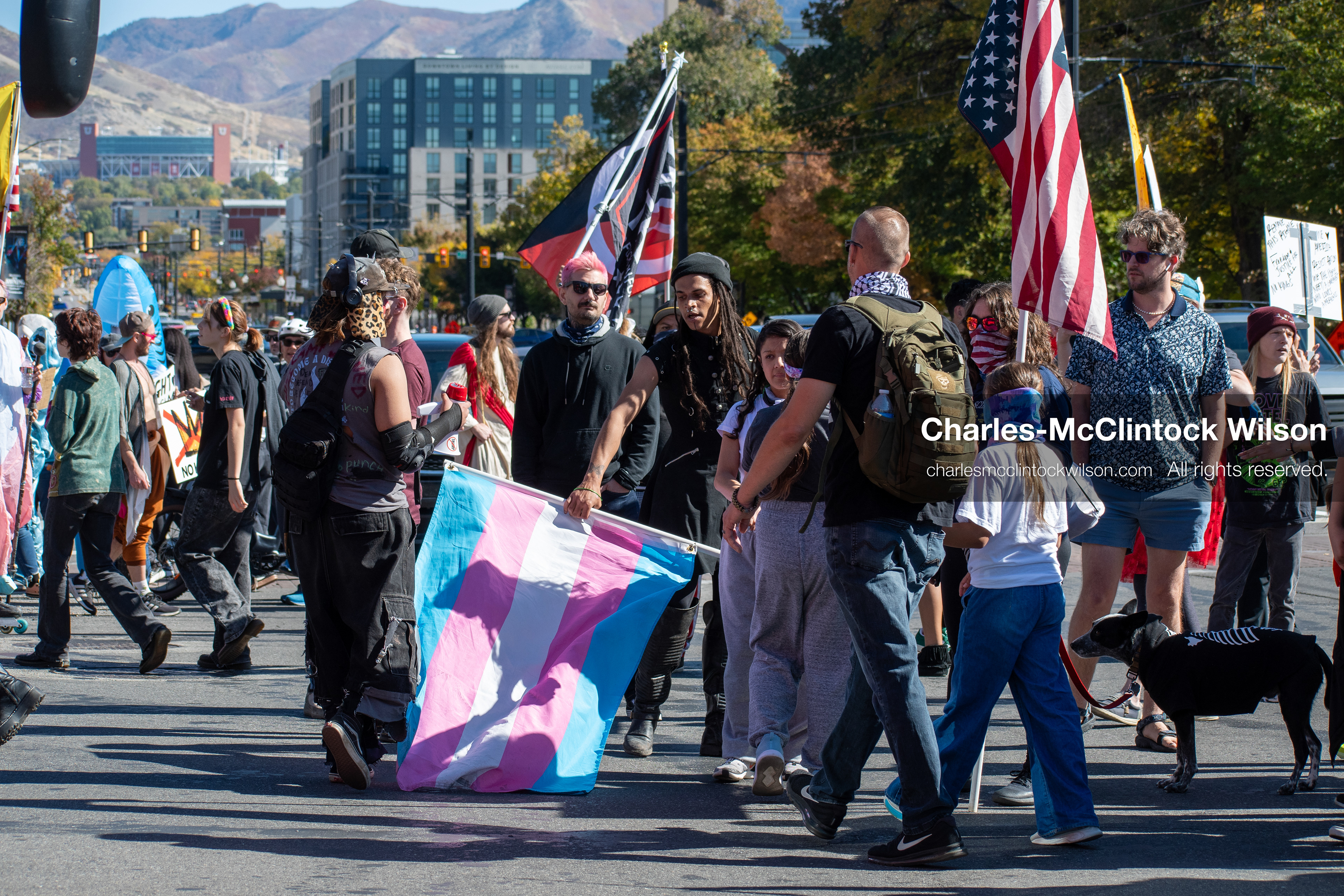 October 18, 2025, Salt Lake City, Utah, USA: Demonstrators march along South State Street during a "No Kings" protest in Salt Lake City, Utah. The protest was part of a nationwide mobilization.