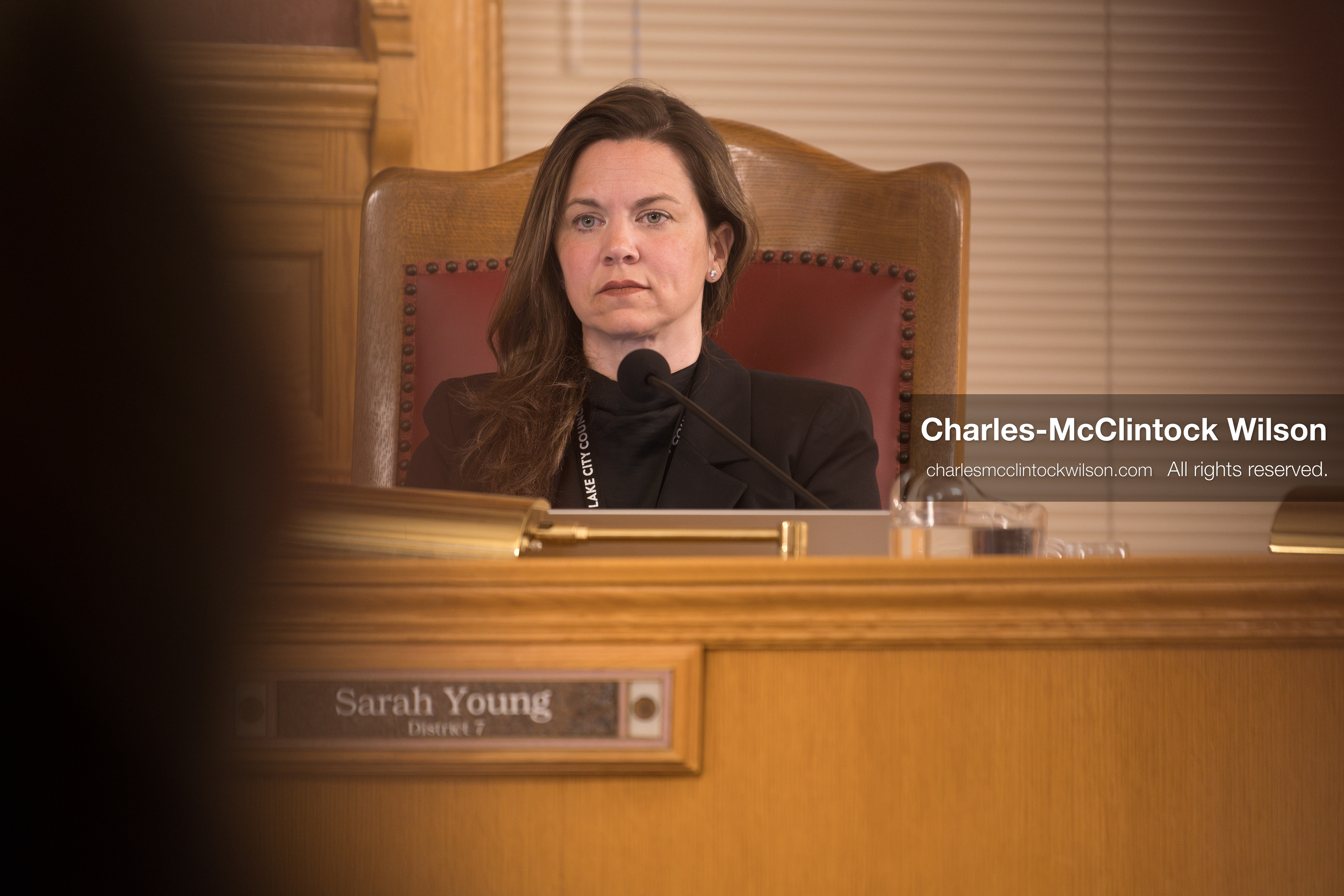 May 5, 2026, Salt Lake City, Utah, USA: Salt Lake City Council Member SARAH YOUNG, who represents District 7 and the greater Sugar House area, listens during the council's formal meeting in Salt Lake City on Tuesday, May 5, 2026. The meeting included public hearings on a proposed camping and public property ordinance. (Credit Image: © Charles-McClintock Wilson/ZUMA Press Wire)