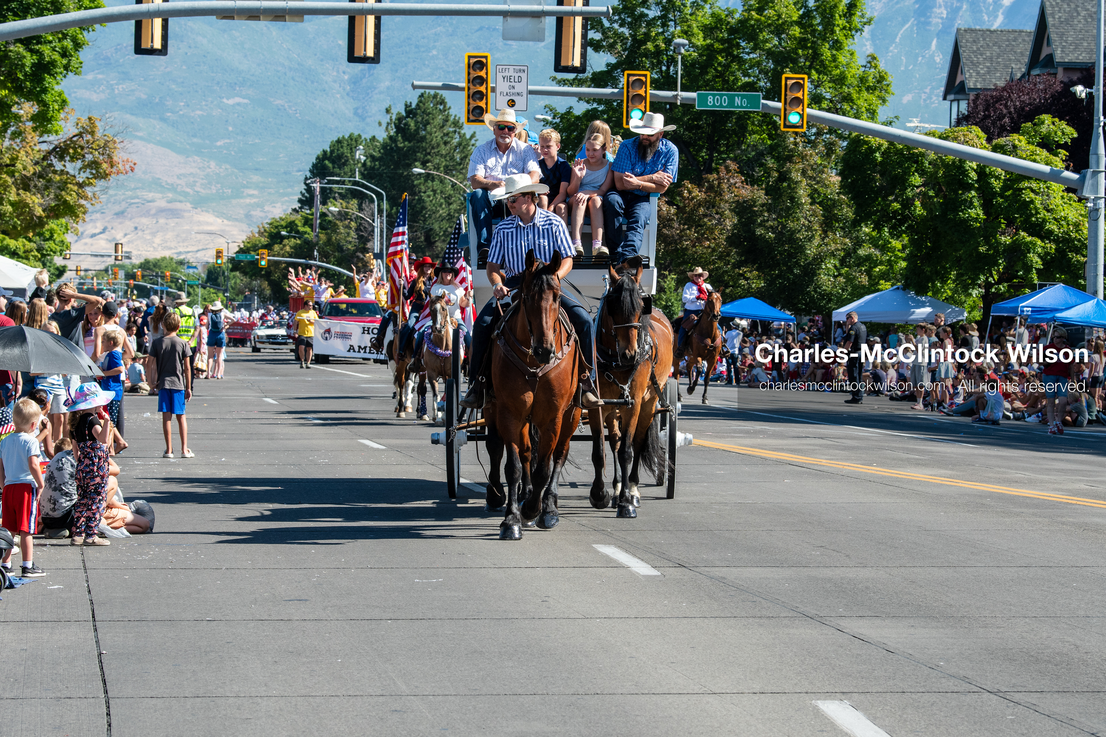 July 4, 2026, Provo, Utah, USA: Equestrian performers on horseback ride in a synchronized formation down the street during America's Freedom Festival Grand Parade in Provo, Utah, Saturday, July 4, 2026. The annual event drew thousands of spectators to the downtown corridor. (Credit Image: © Charles-McClintock Wilson/ZUMA Press Wire)
