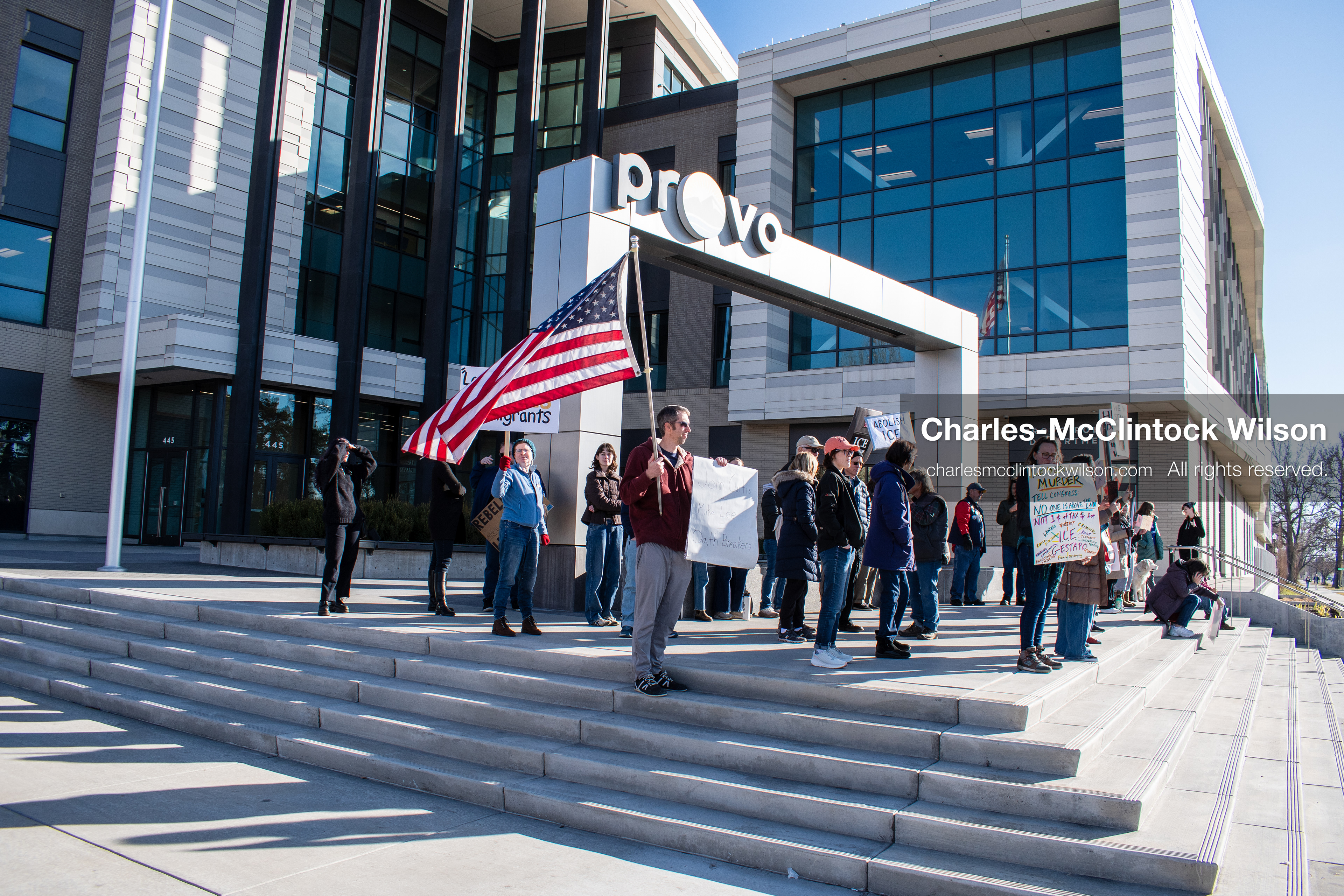 January 20, 2026, Provo, Utah, USA: Protesters gather outside Provo City Hall during the Free America Walkout protest in Provo, Utah, on January 20, 2026. Demonstrators held signs calling for justice, immigration reform, and an end to detention practices. (Credit Image: © Charles-McClintock Wilson/ZUMA Press Wire)