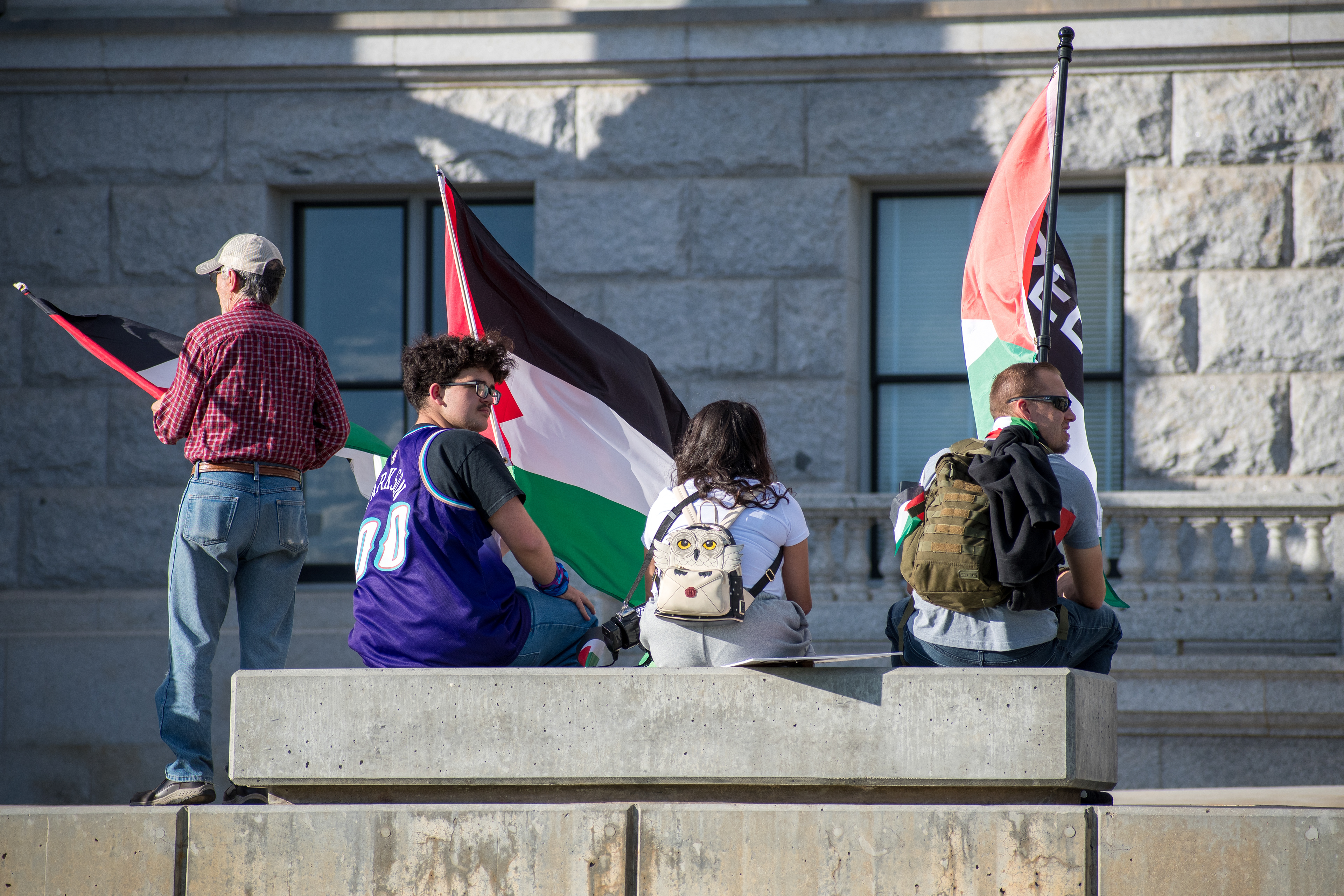 October 10, 2025, Salt Lake City, Utah, USA: Pro-Palestine demonstrators gather in front of the Utah State Capitol during the Free Palestine Rally. Participants hold flags and signs as part of the public demonstration. (Credit Image: © Charles-McClintock Wilson/ZUMA Press Wire)