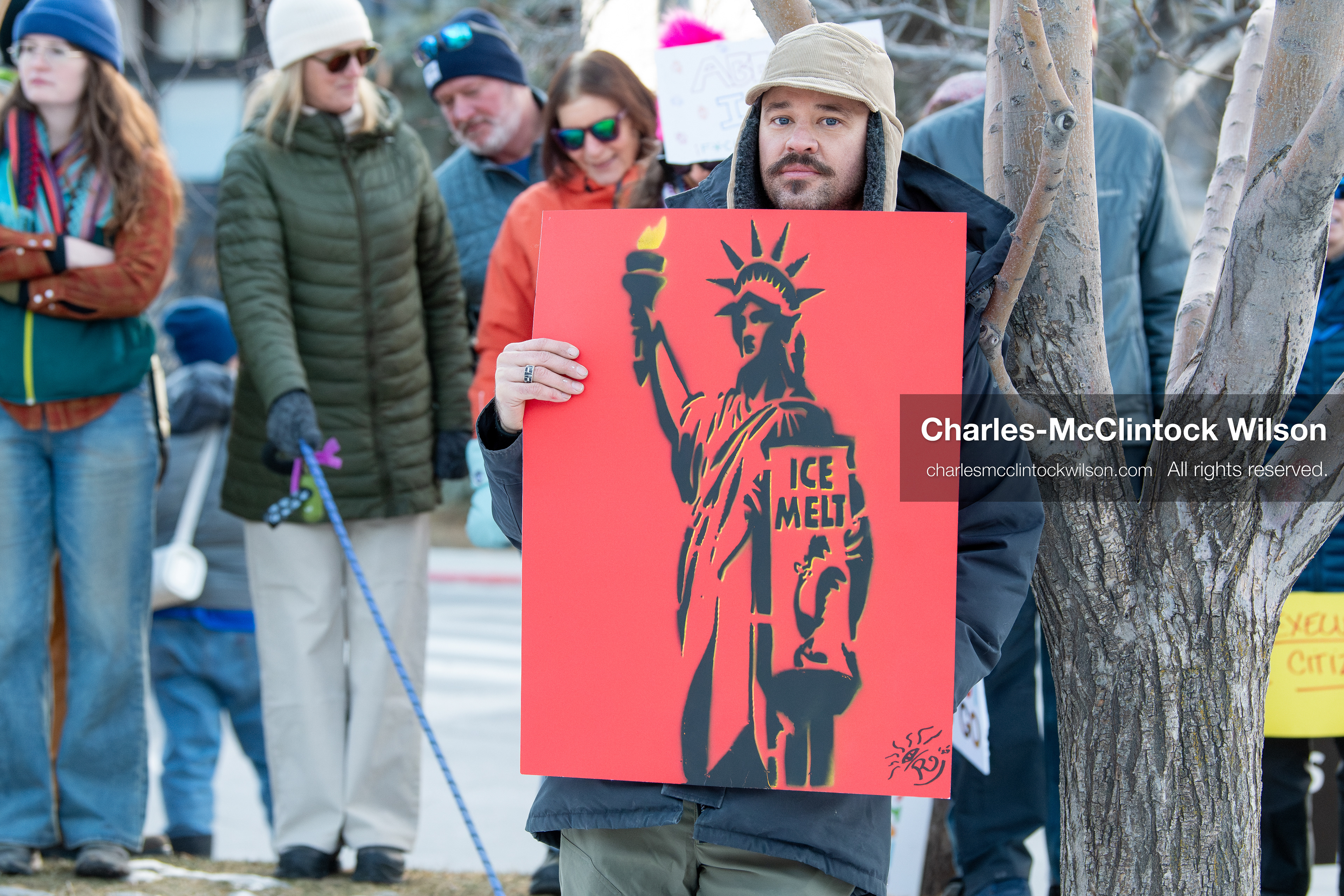 January 26, 2026, Park City, Utah, USA: A demonstrator holds a sign during a protest opposing U.S. Immigration and Customs Enforcement (I.C.E.) ICE agents at Miner's Park on Main Street during the Sundance Film Festival in Park City, Utah, on Monday, Jan. 26, 2026. The event was held in response to the fatal shooting of Alex Pretti by a U.S. Border Patrol officer in Minneapolis. (Credit Image: © Charles McClintock Wilson/ZUMA Press Wire)