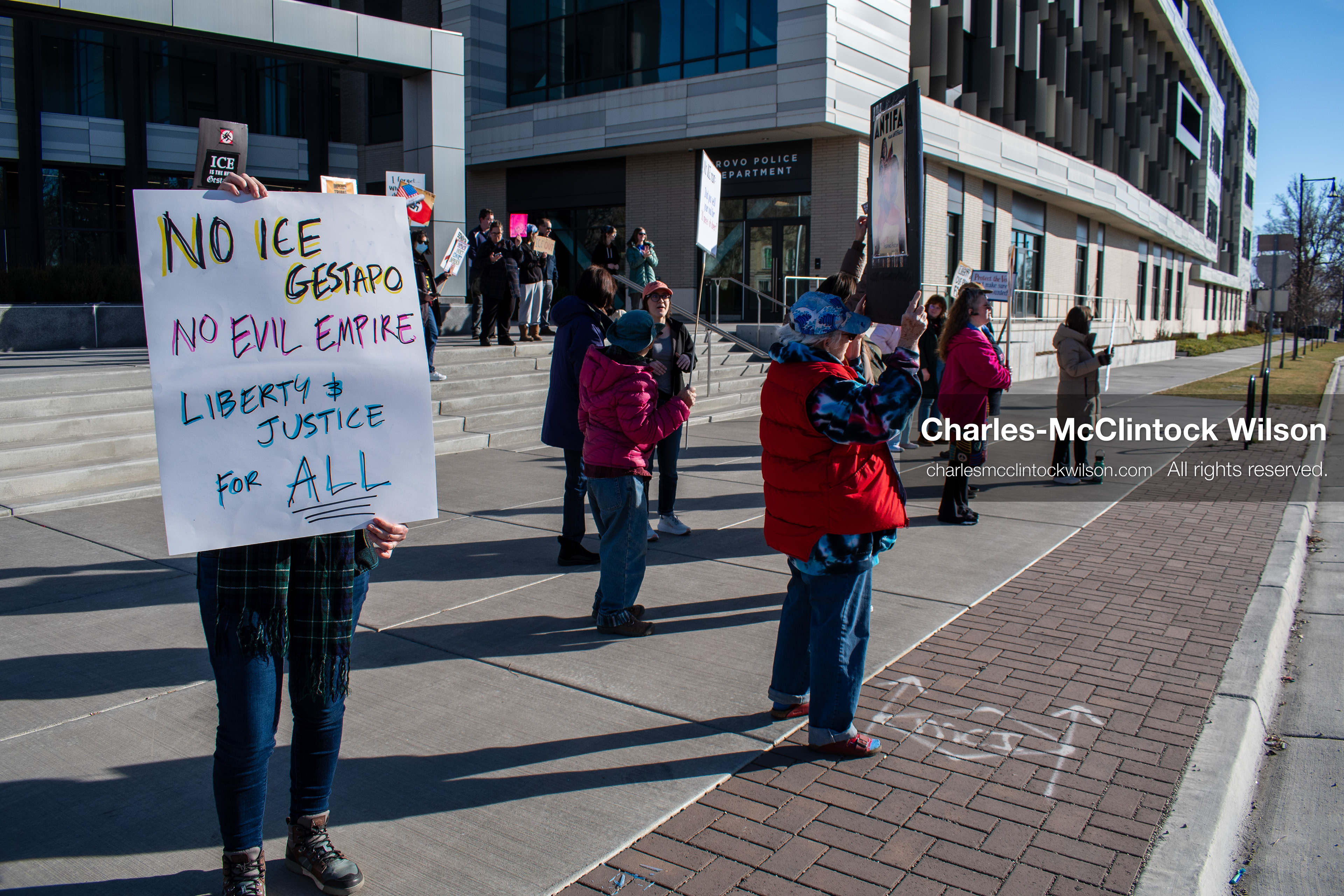January 20, 2026, Provo, Utah, USA: Protesters gather outside Provo City Hall during the Free America Walkout protest in Provo, Utah, on January 20, 2026. Demonstrators held signs calling for justice, immigration reform, and an end to detention practices. (Credit Image: © Charles-McClintock Wilson/ZUMA Press Wire)